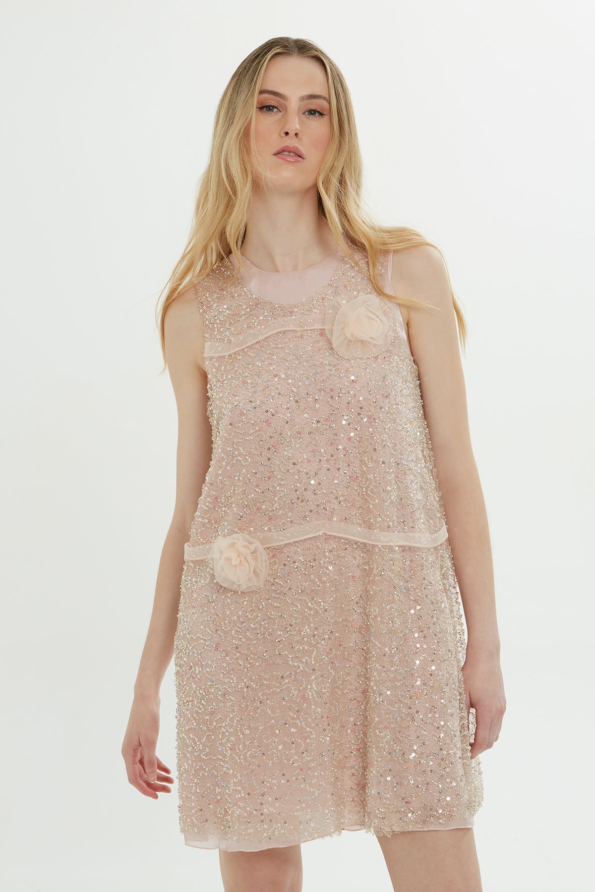 Beige Brooch-Detail Mini Dress