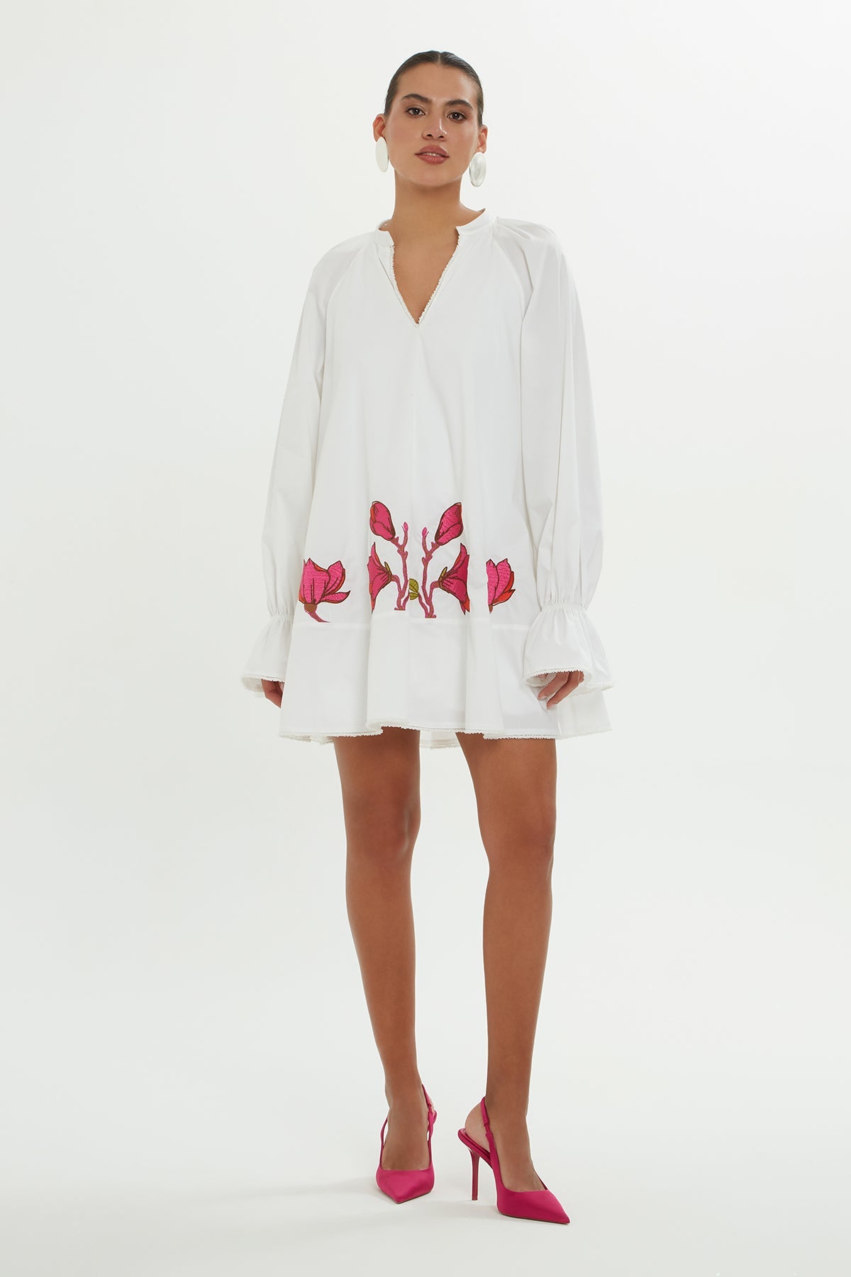 White Short Dress with Pink Embroidery