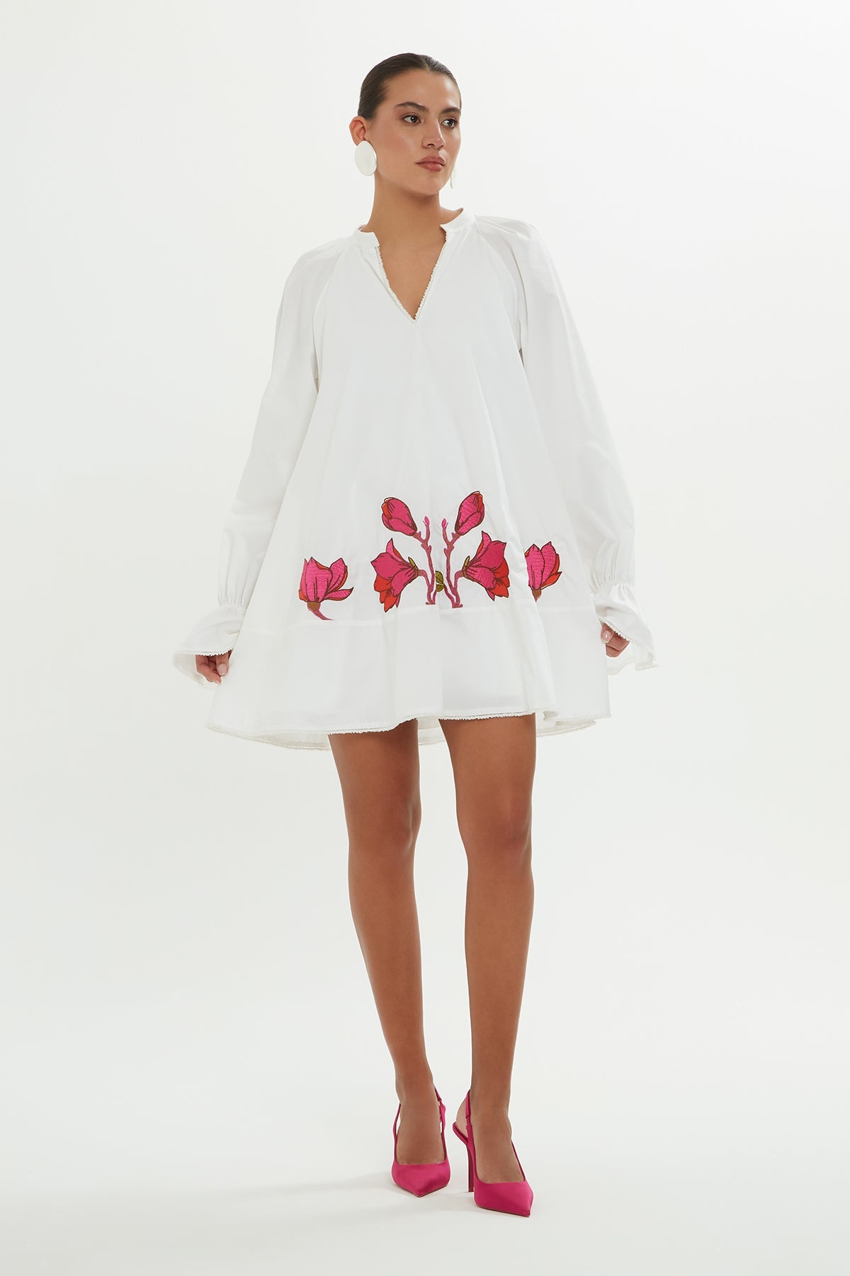 White Short Dress with Pink Embroidery