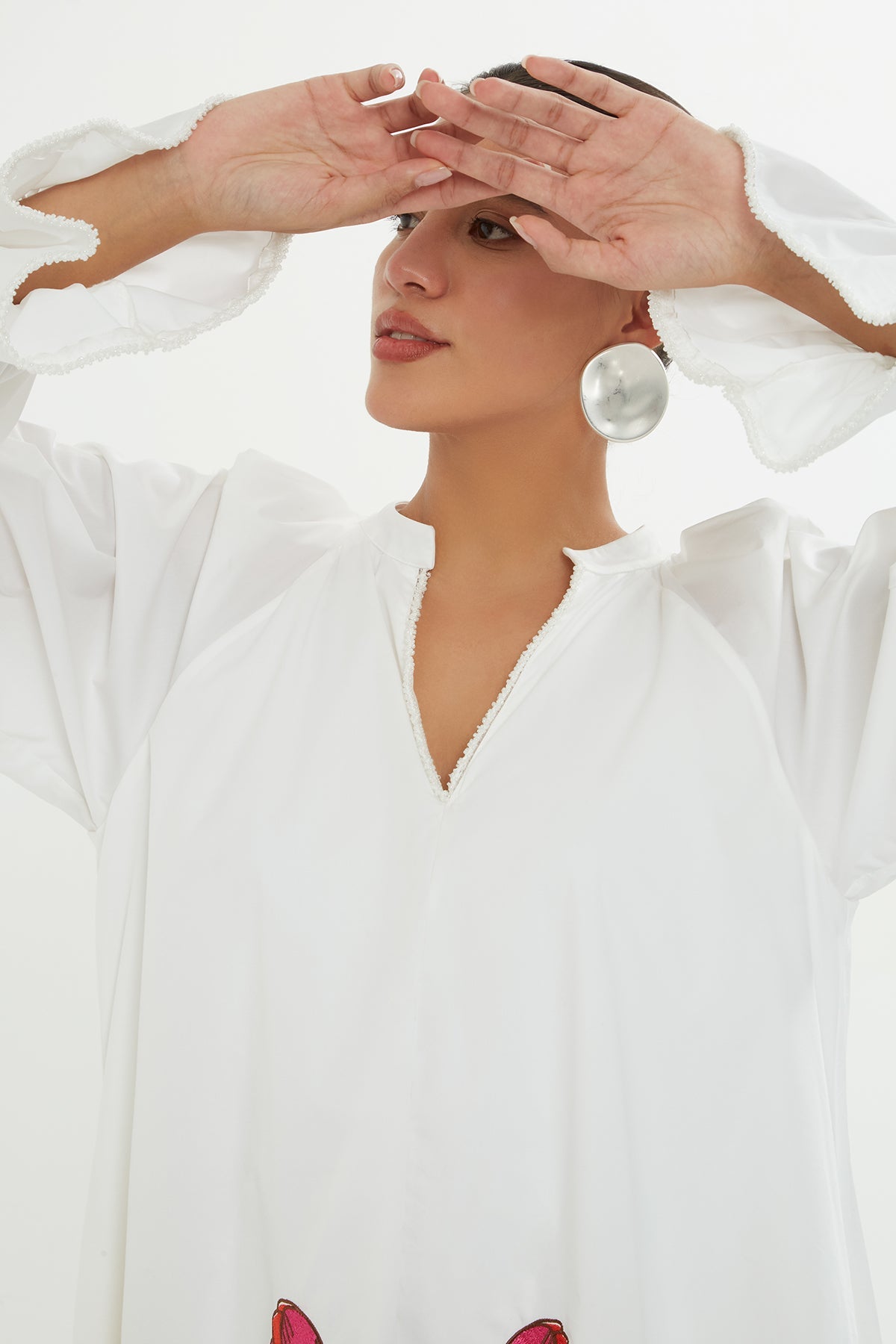 White Short Dress with Pink Embroidery