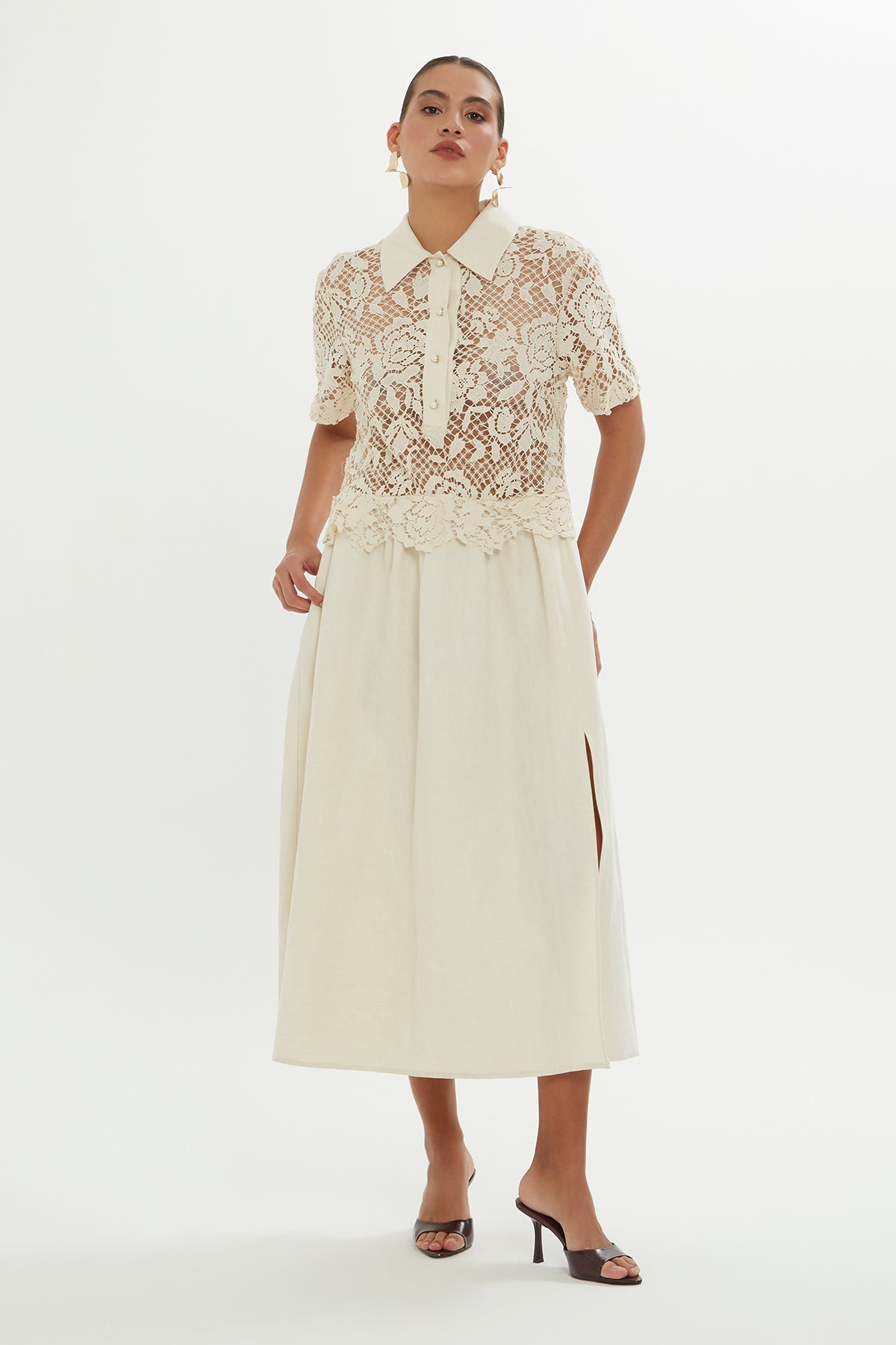 Beige Midi Dress with Lace Detail