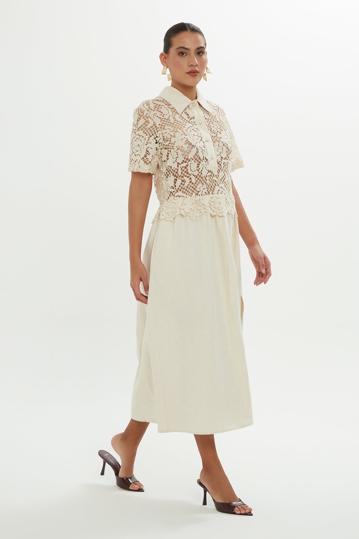 Beige Midi Dress with Lace Detail