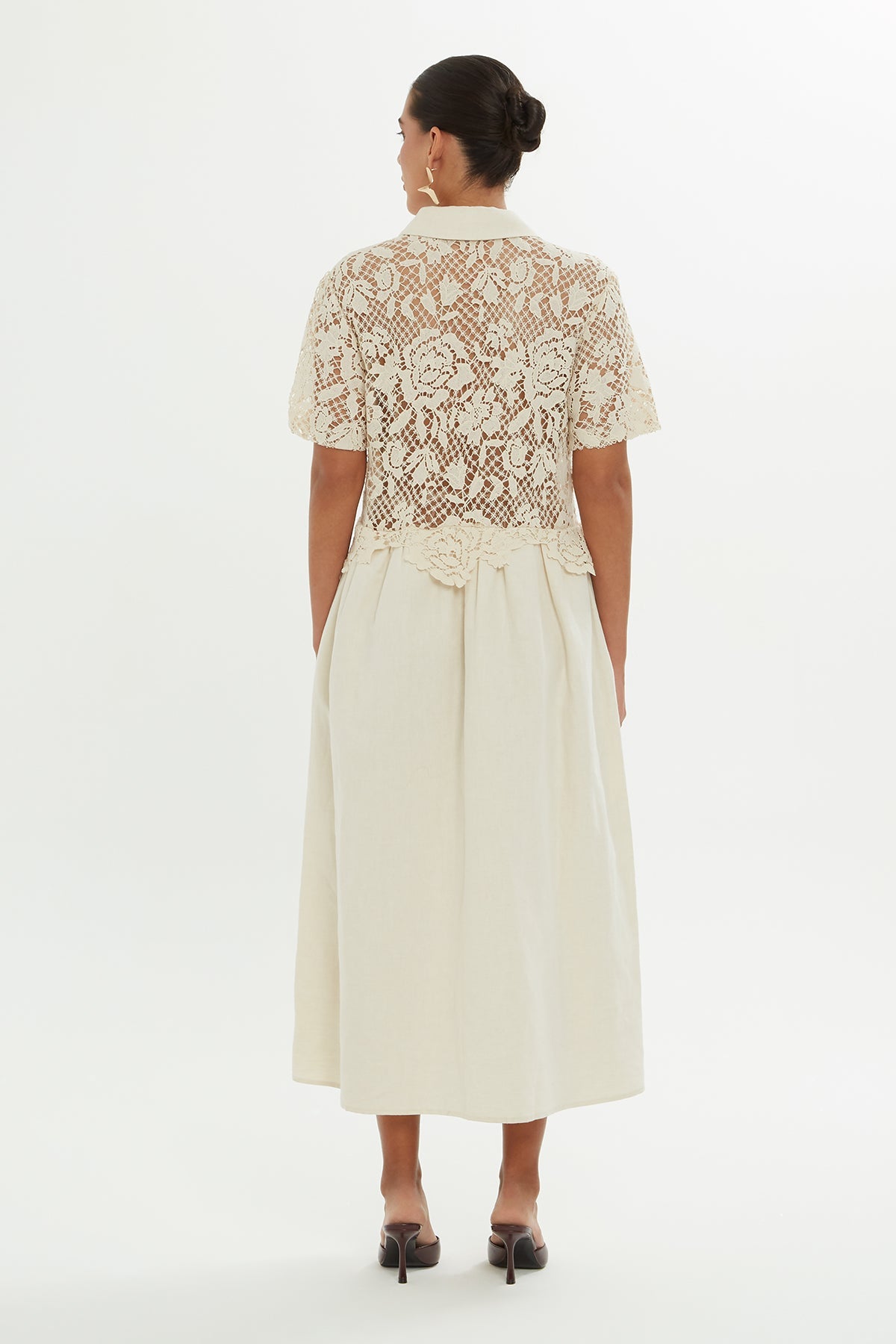 Beige Midi Dress with Lace Detail