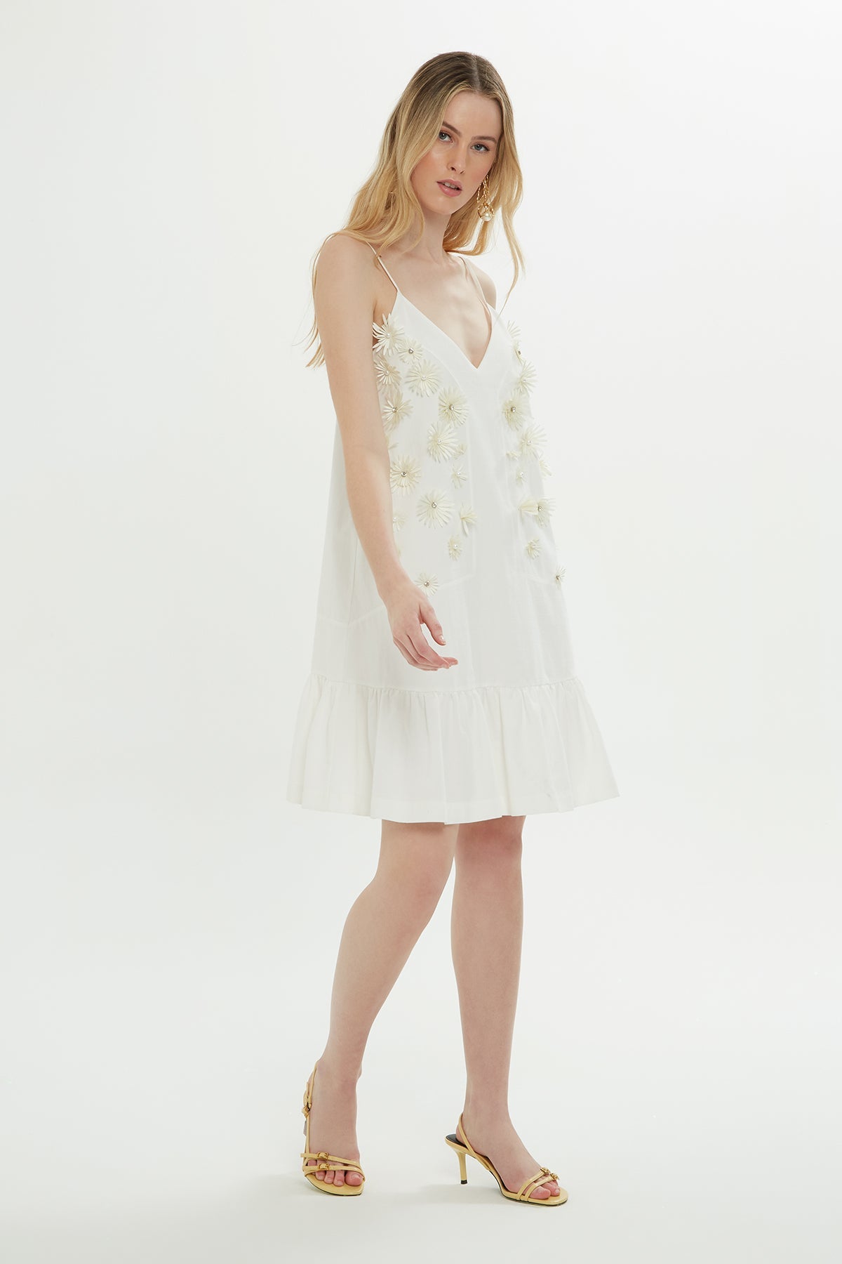 Ecru Mini Dress with Floral Detail