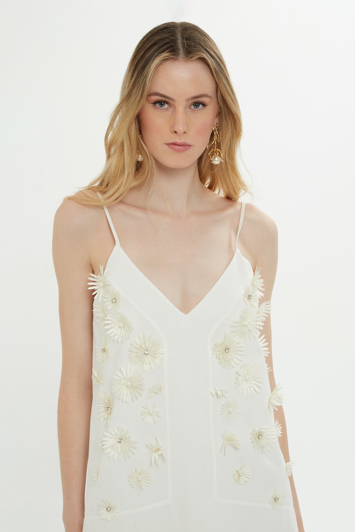 Ecru Mini Dress with Floral Detail