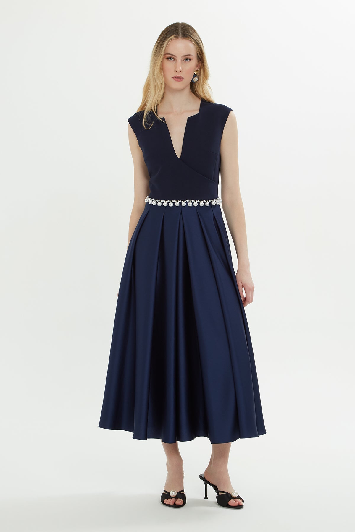 Navy Beaded-Pleat Midi Dress