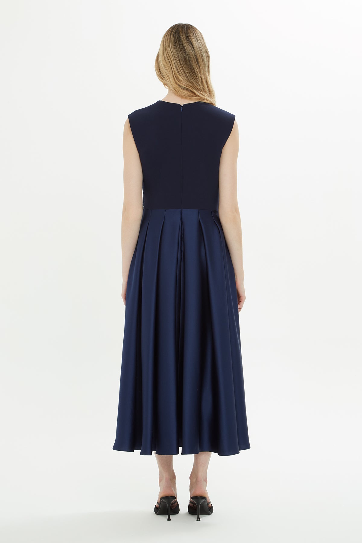 Navy Beaded-Pleat Midi Dress