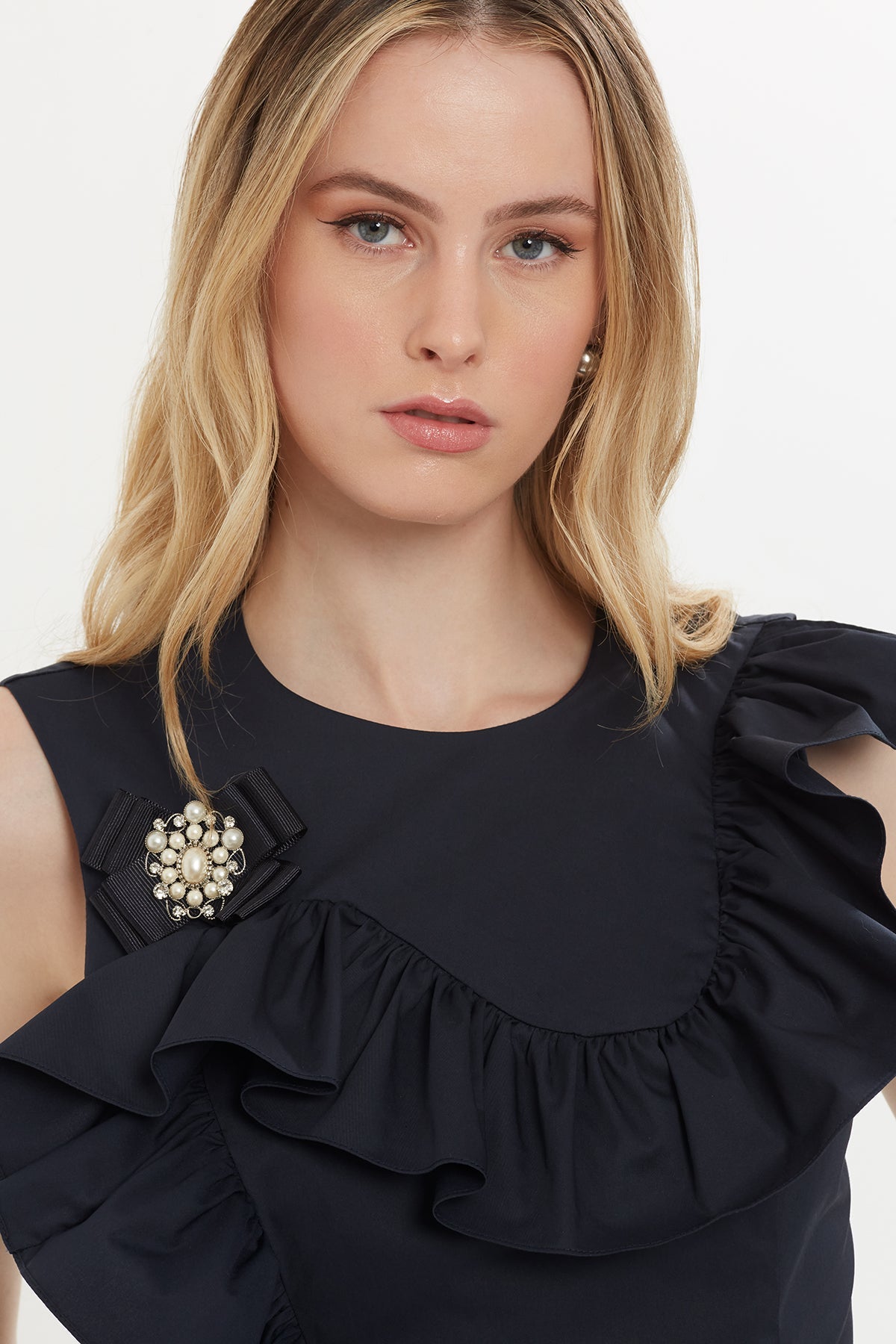 Navy Ruffle-Detail Mini Dress