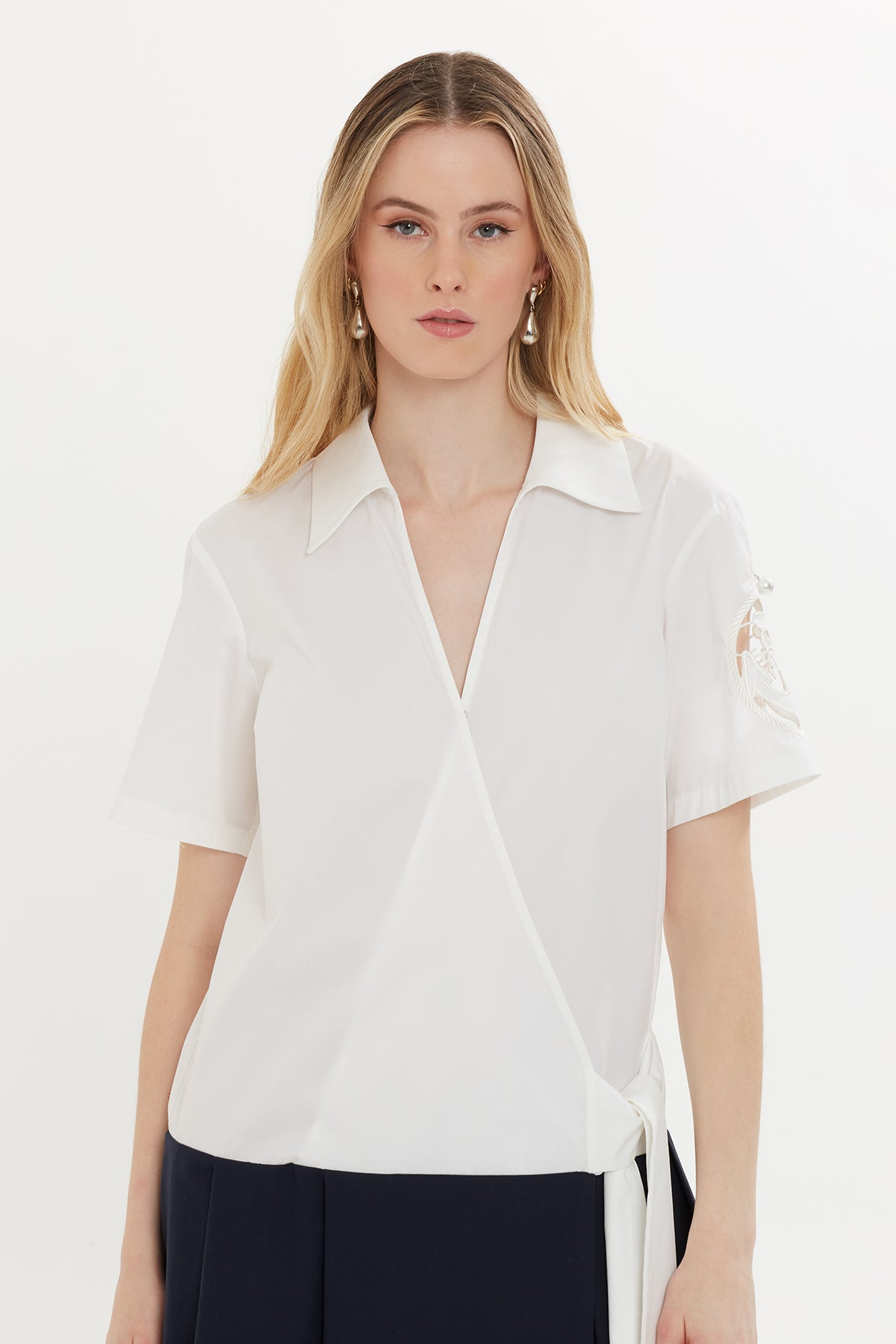 White Short Dress with Embroidered Sleeves