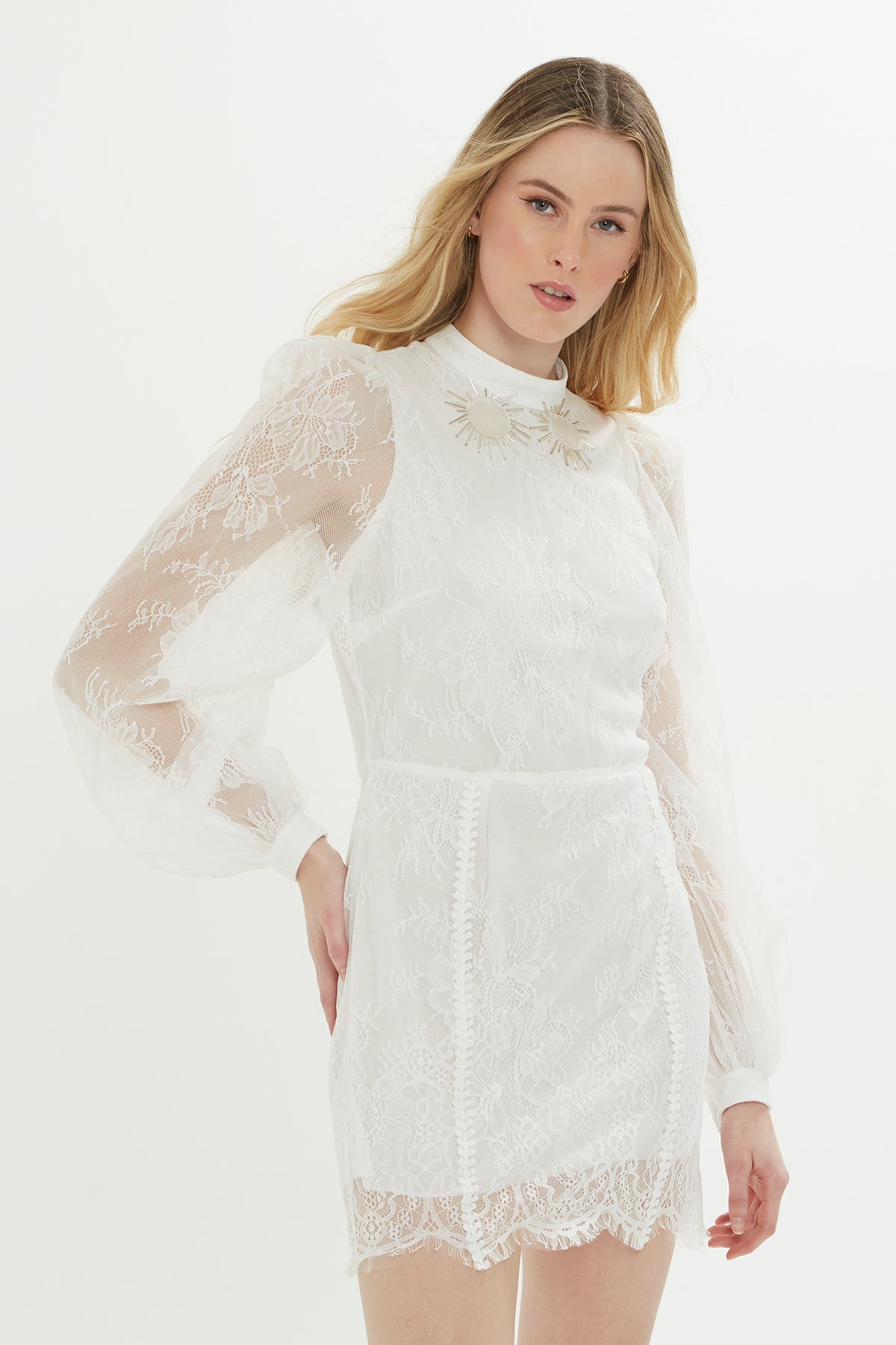 Ecru Lace-Detail Mini Dress