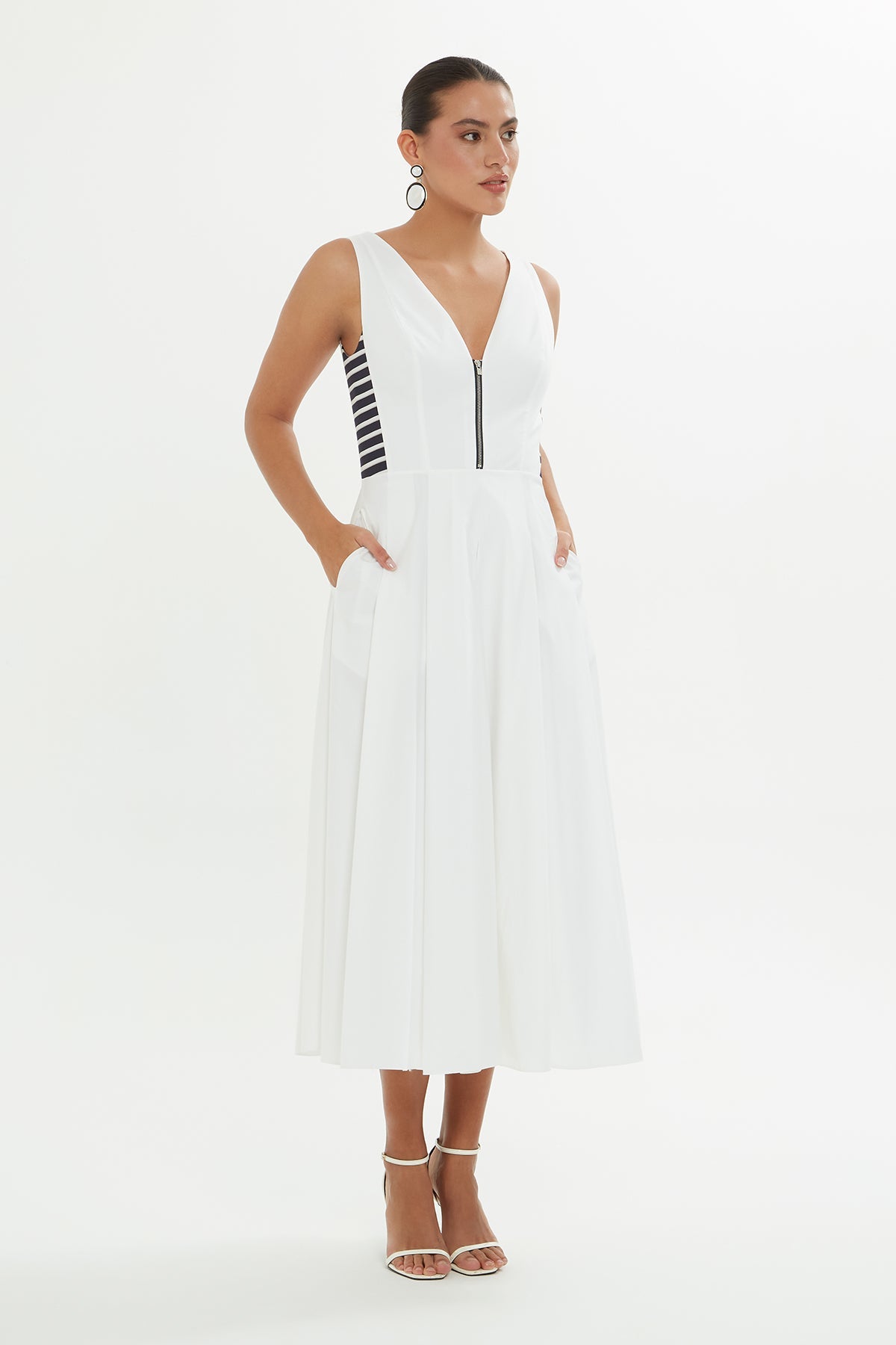White V-Neck Sleeveless Midi Dress