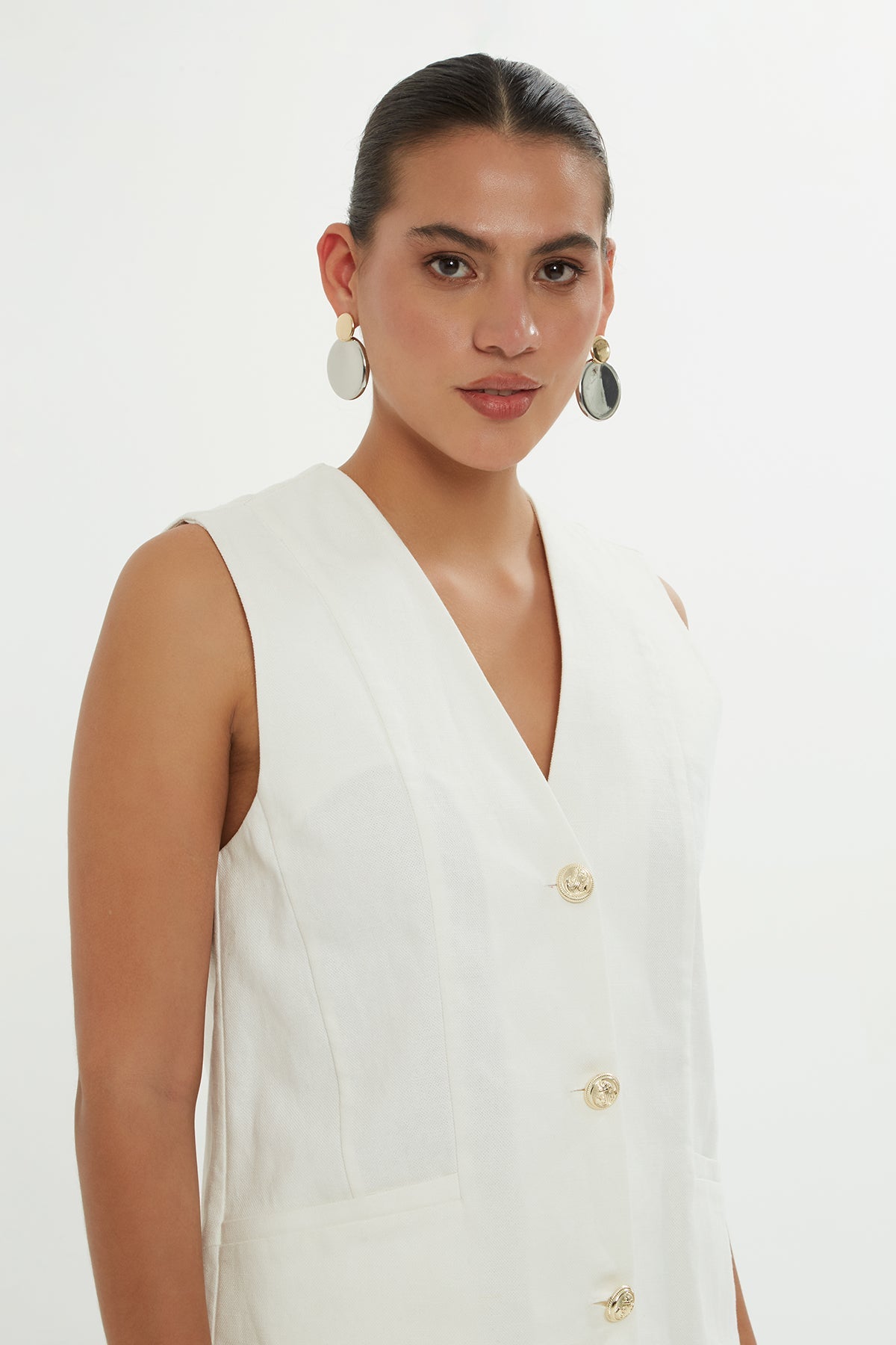 Ecru V-Neck Buttoned Vest