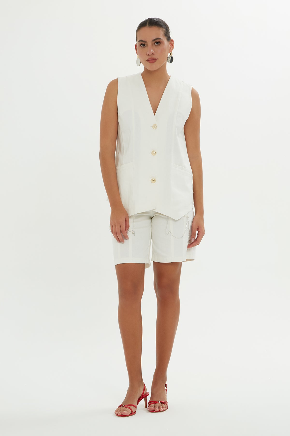 Ecru V-Neck Buttoned Vest