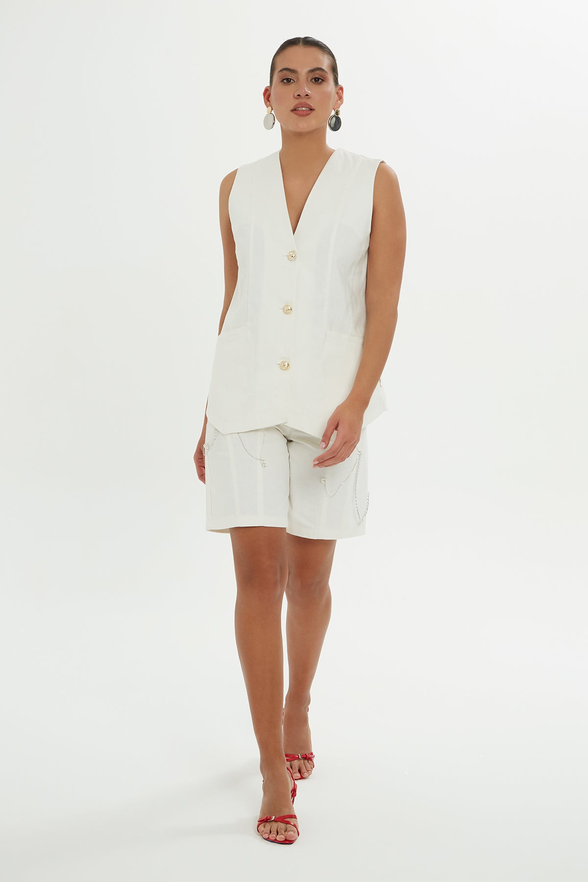 Ecru V-Neck Buttoned Vest
