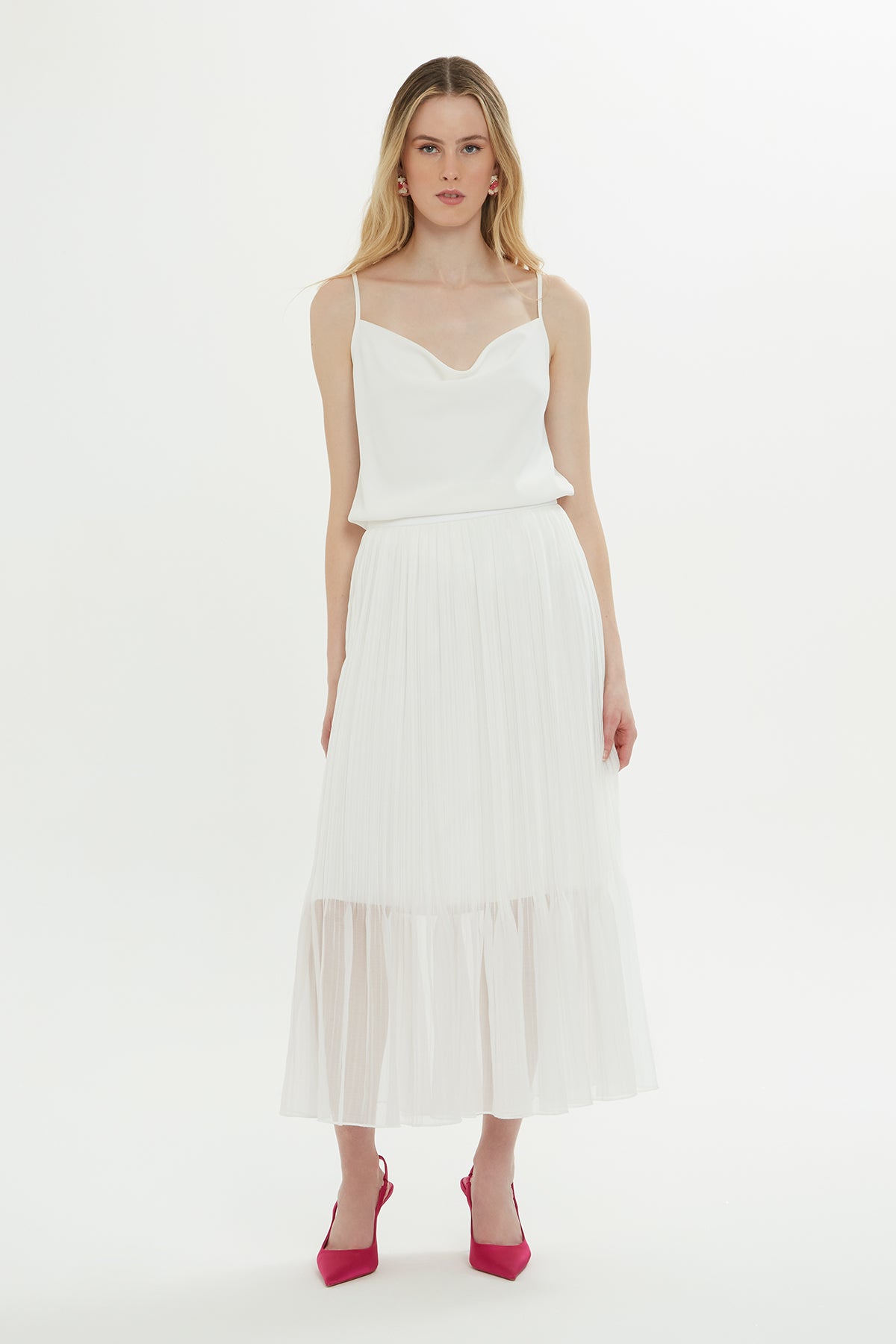 White Tulle-Detail Midi Skirt