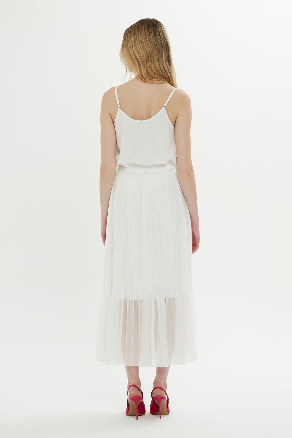White Tulle-Detail Midi Skirt