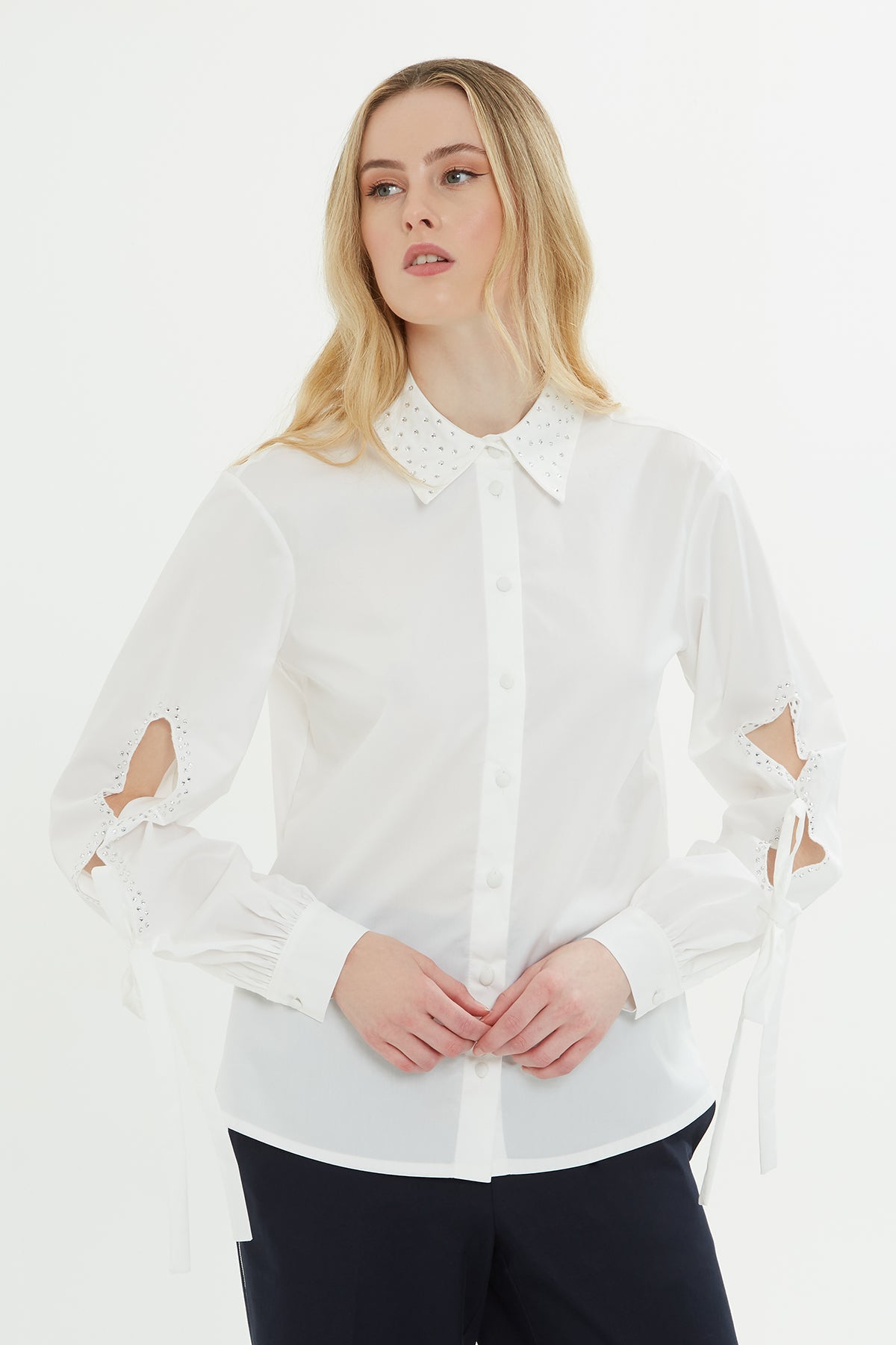 White Sleeve-Detail Shirt