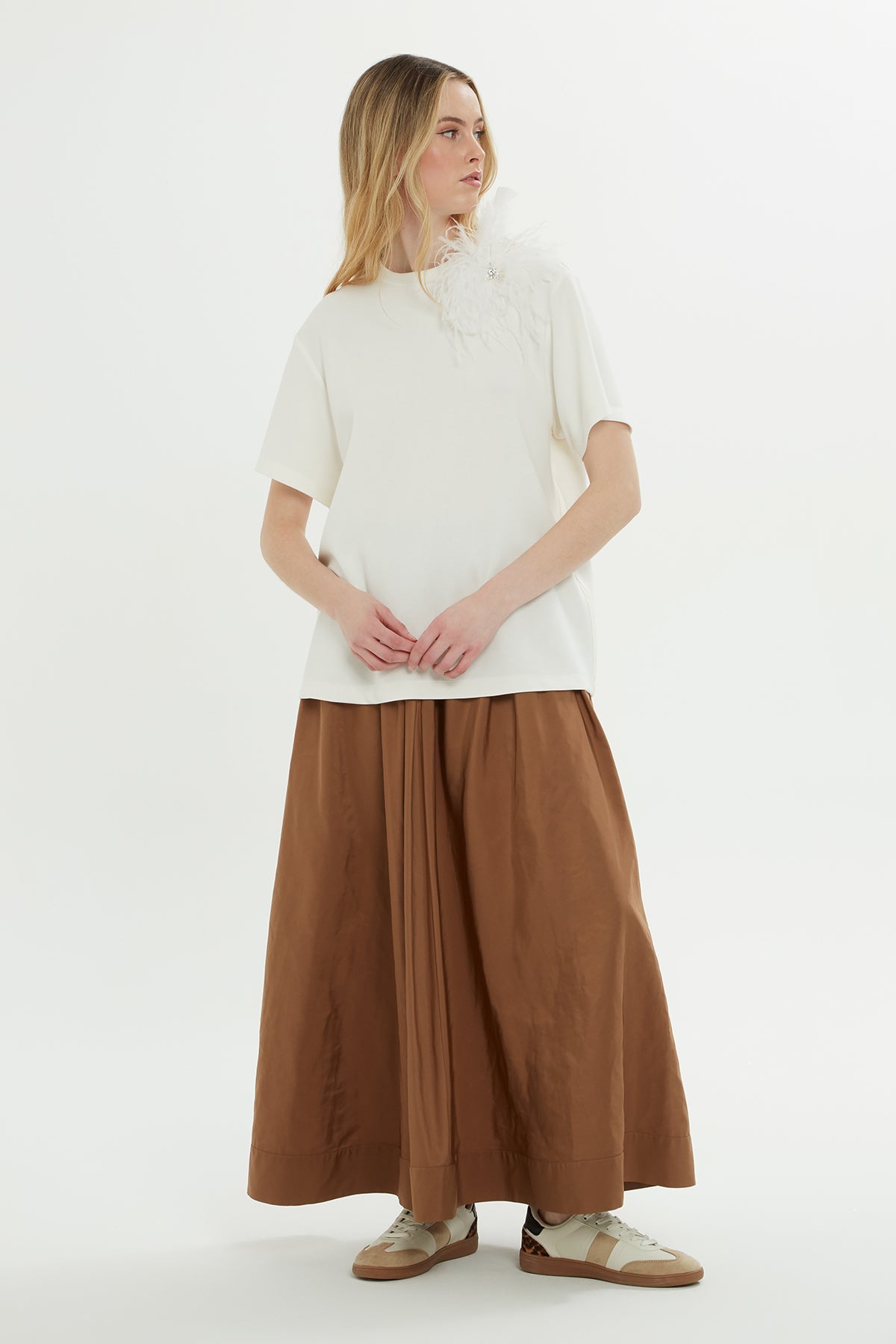 Ecru Feather-Embellished T-Shirt