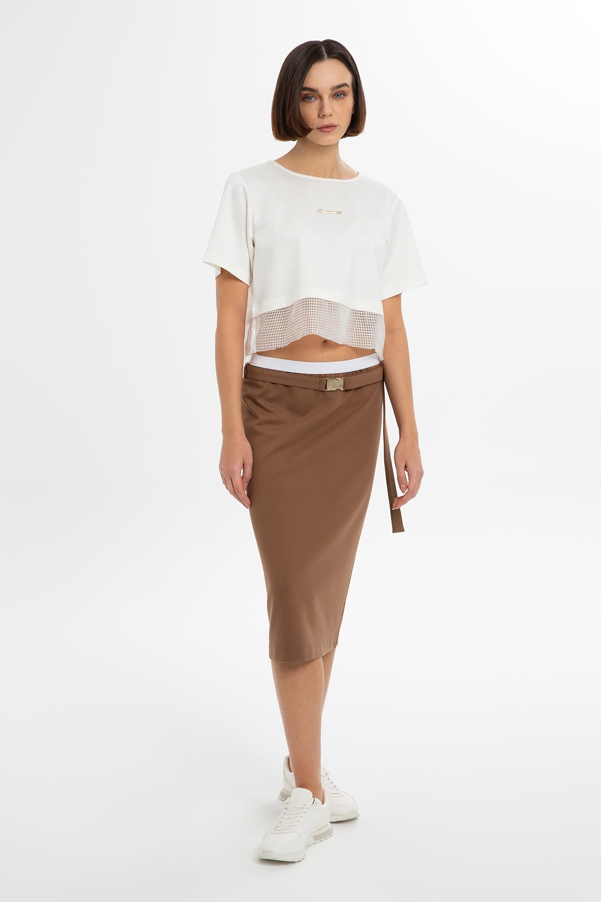 Brown Belted Midi Pencil Skirt