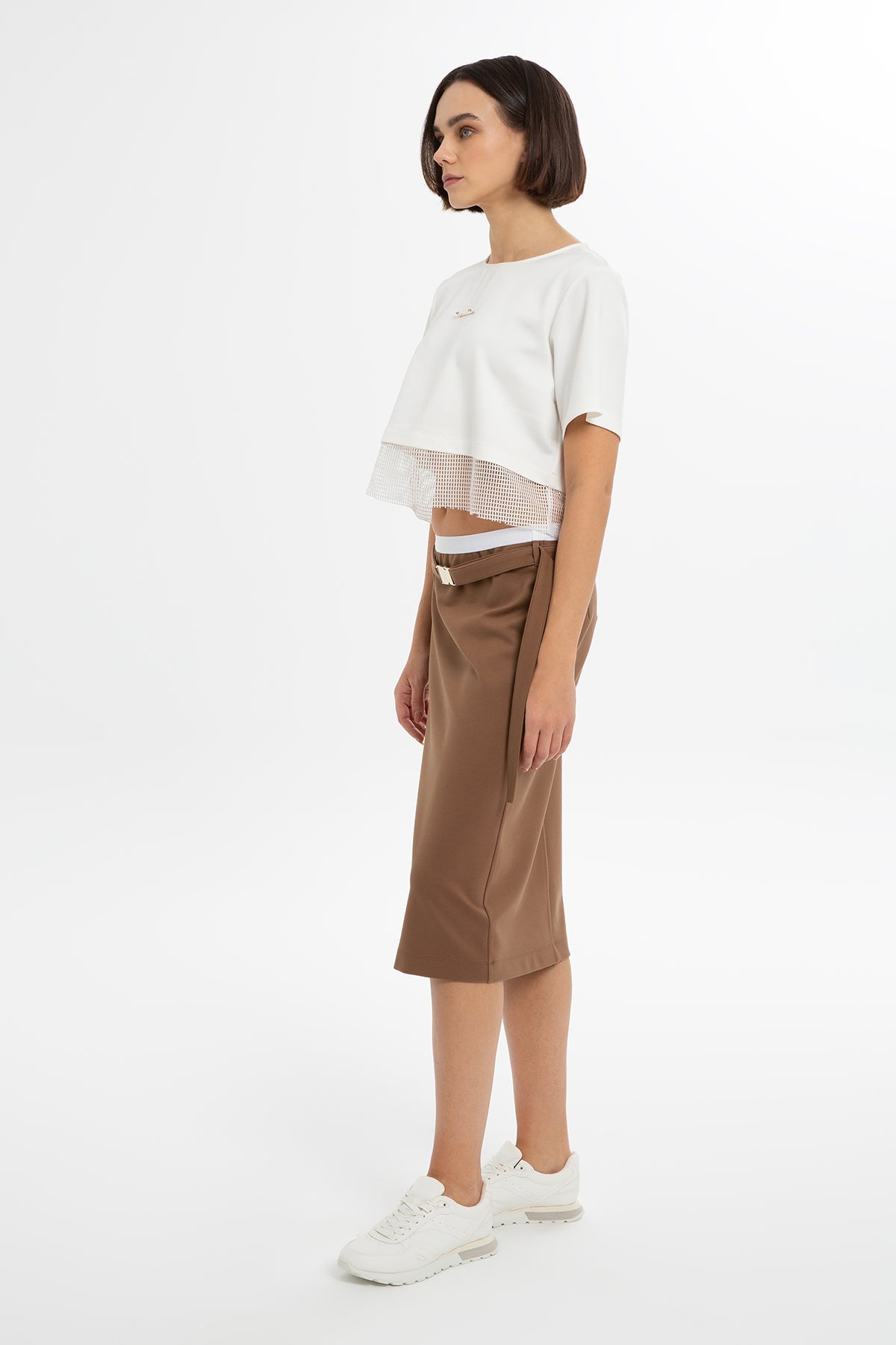 Brown Belted Midi Pencil Skirt