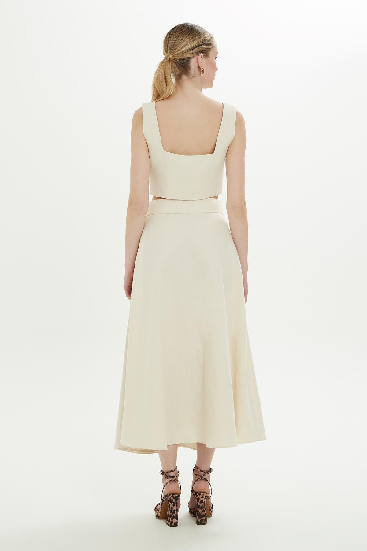 Ecru Linen-Blend Midi Skirt