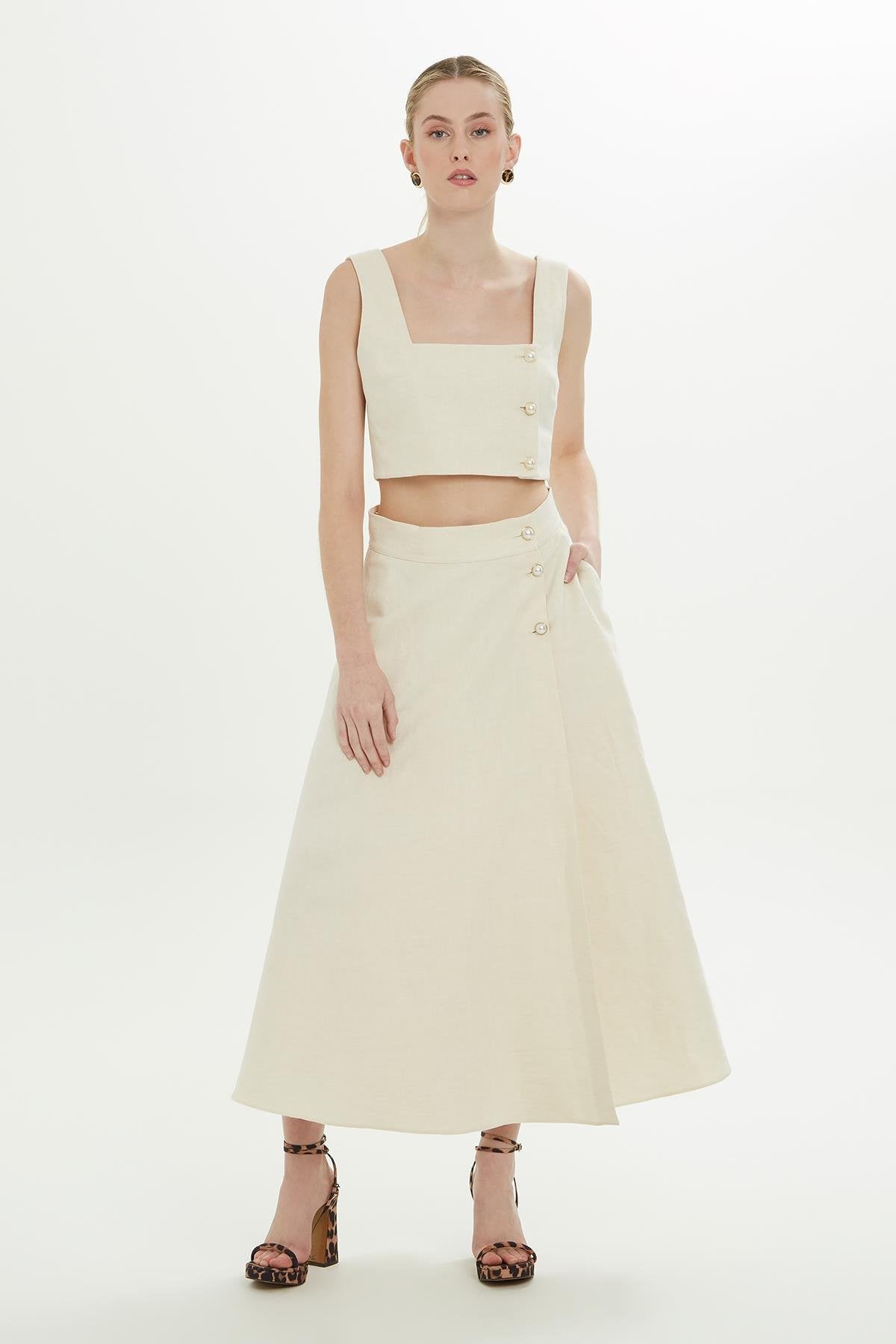 Ecru Linen-Blend Midi Skirt