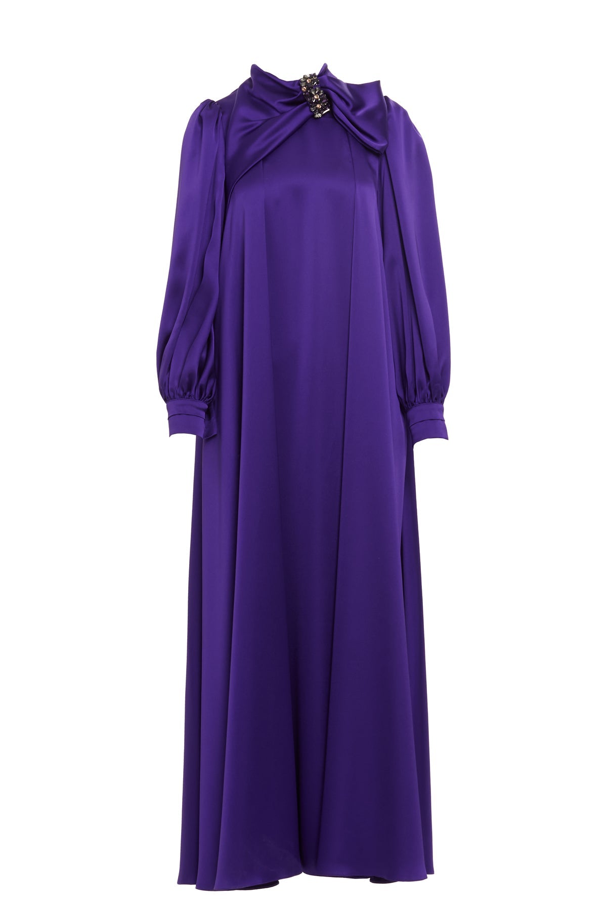 Purple Embroidered-Collar Bow-Detail Maxi Dress
