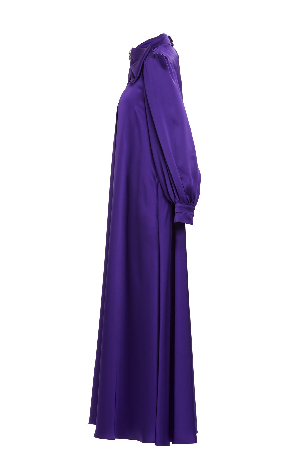 Purple Embroidered-Collar Bow-Detail Maxi Dress