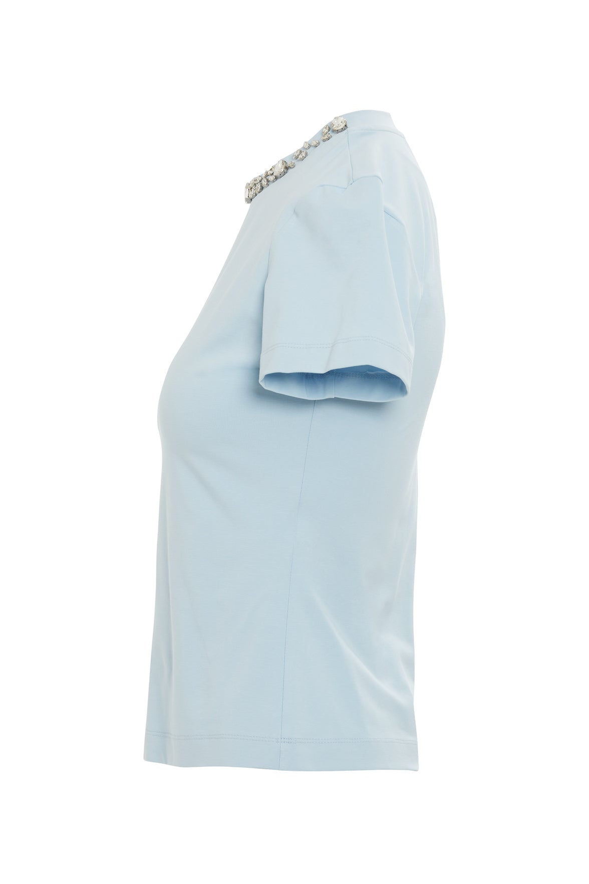 Blue T-Shirt with Stone-Embellished Collar