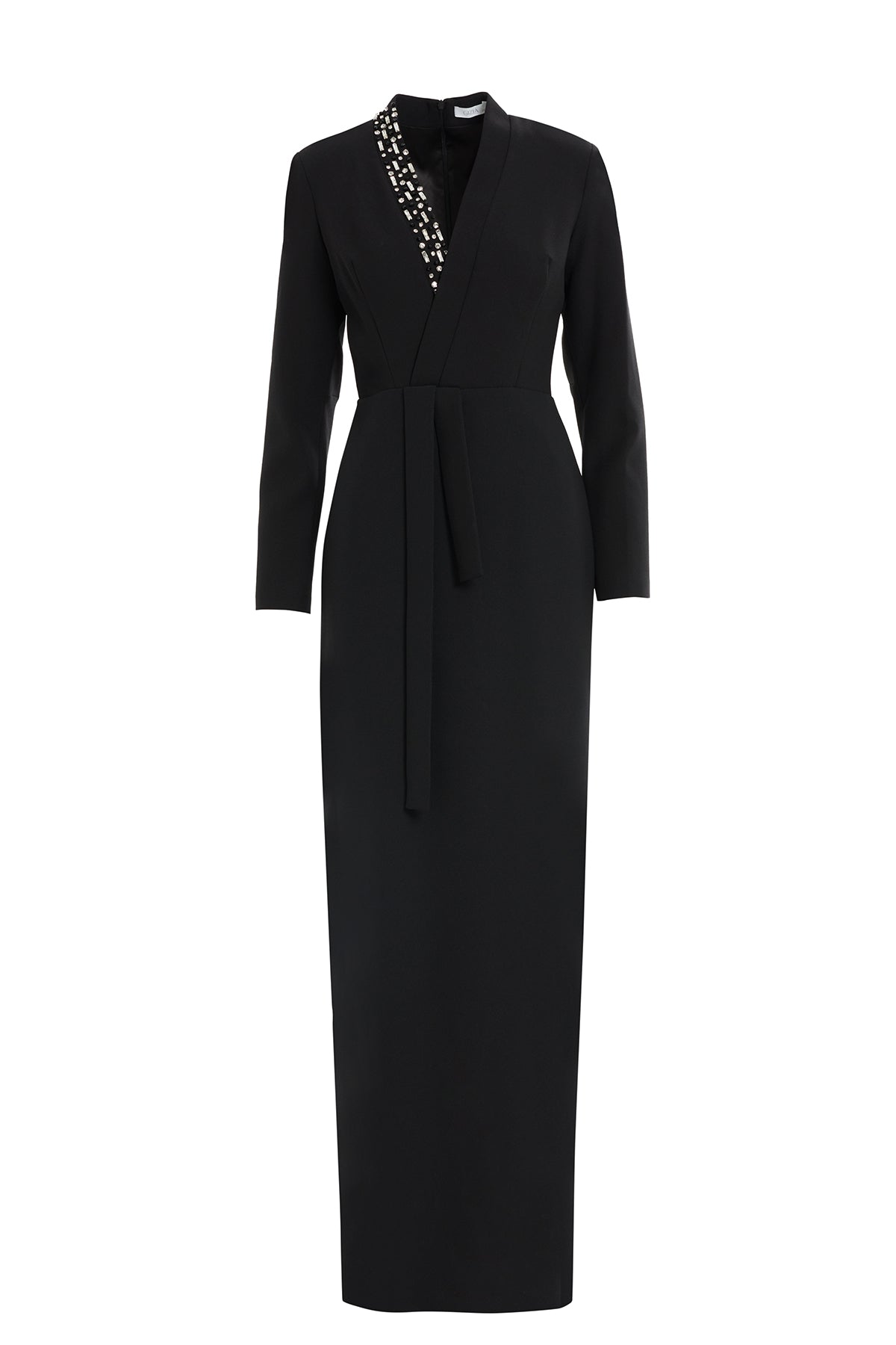 Black Embroidered-Collar V-Neck Maxi Dress