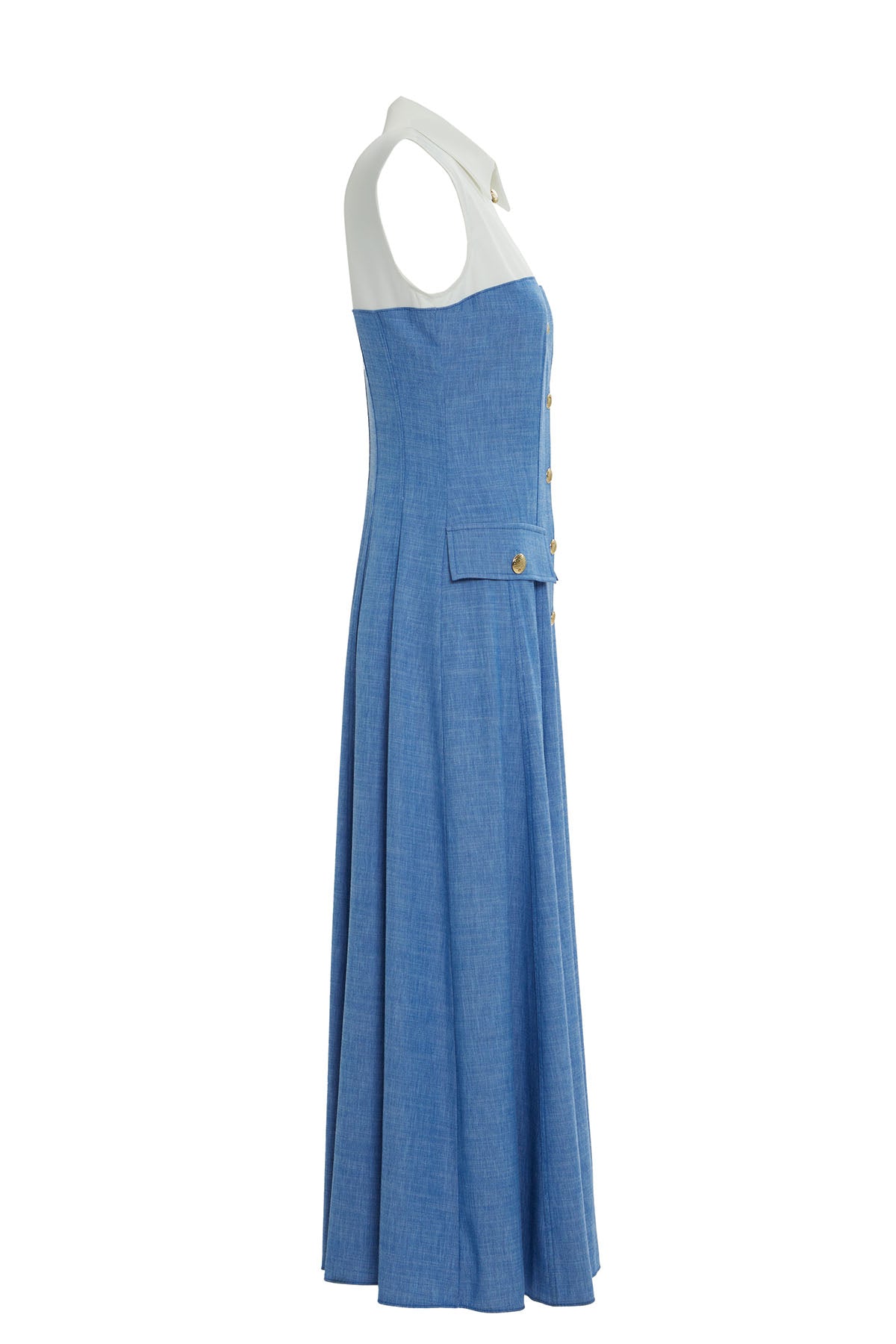 Blue Waist-Fitted Ruffled Long Dress