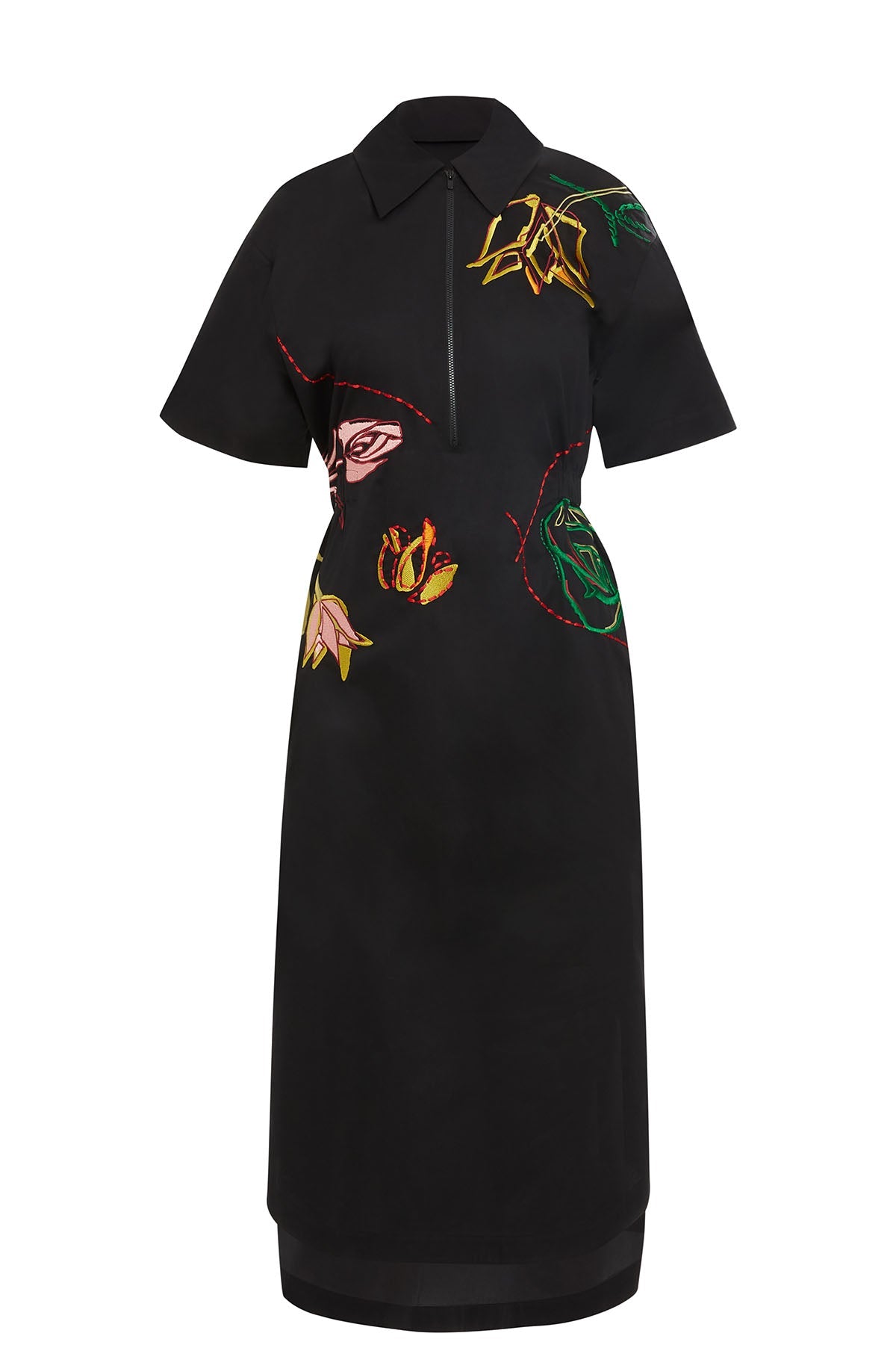 black Short-sleeved embroidered midi dress