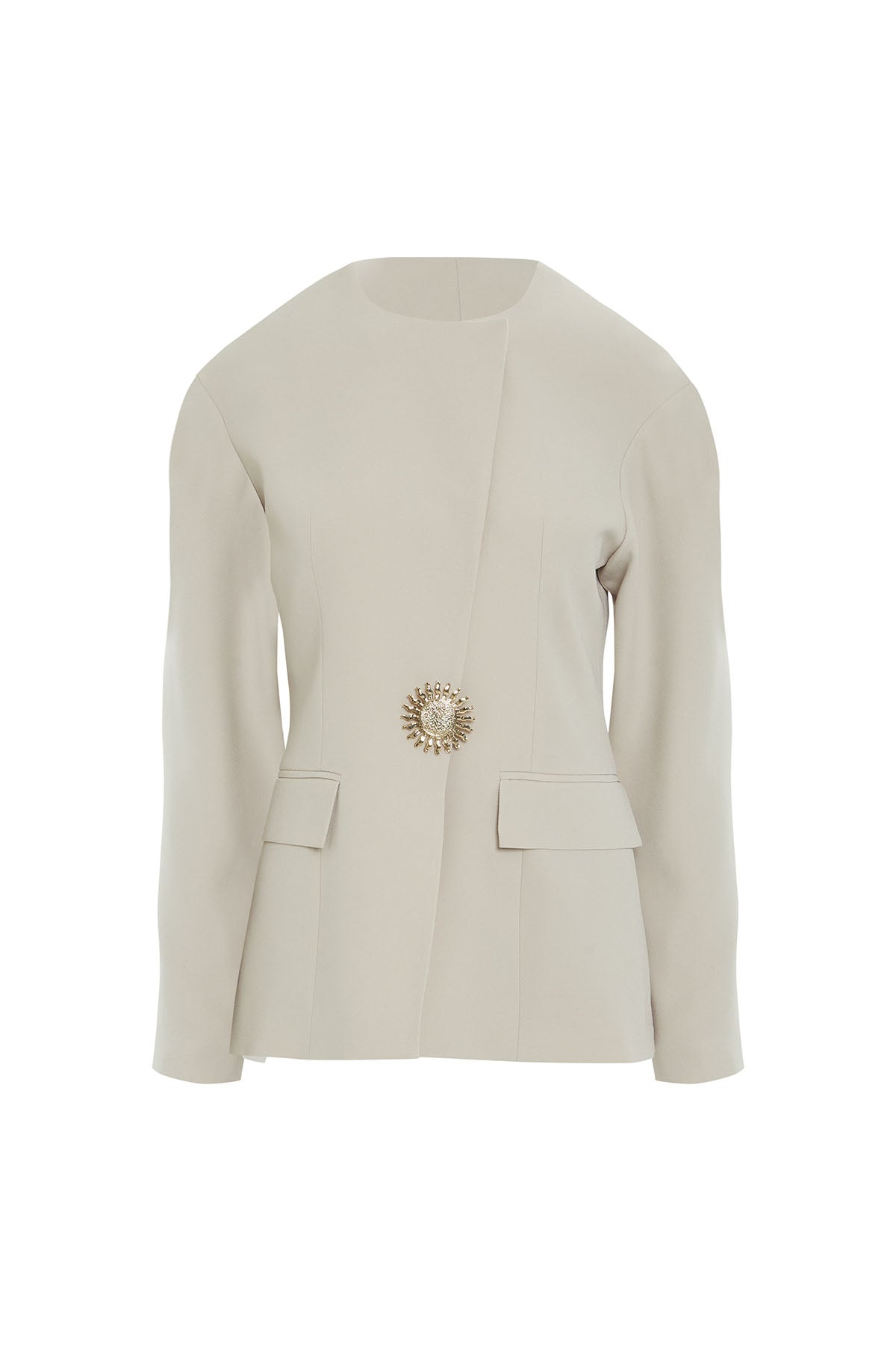 Beige Double-Breasted Brooch Jacket