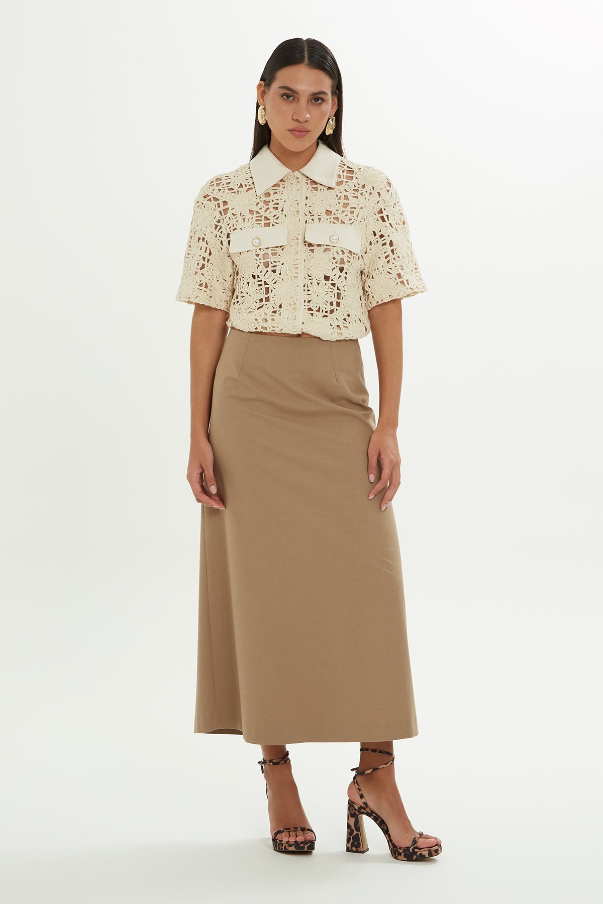Beige High-Waist Midi Skirt