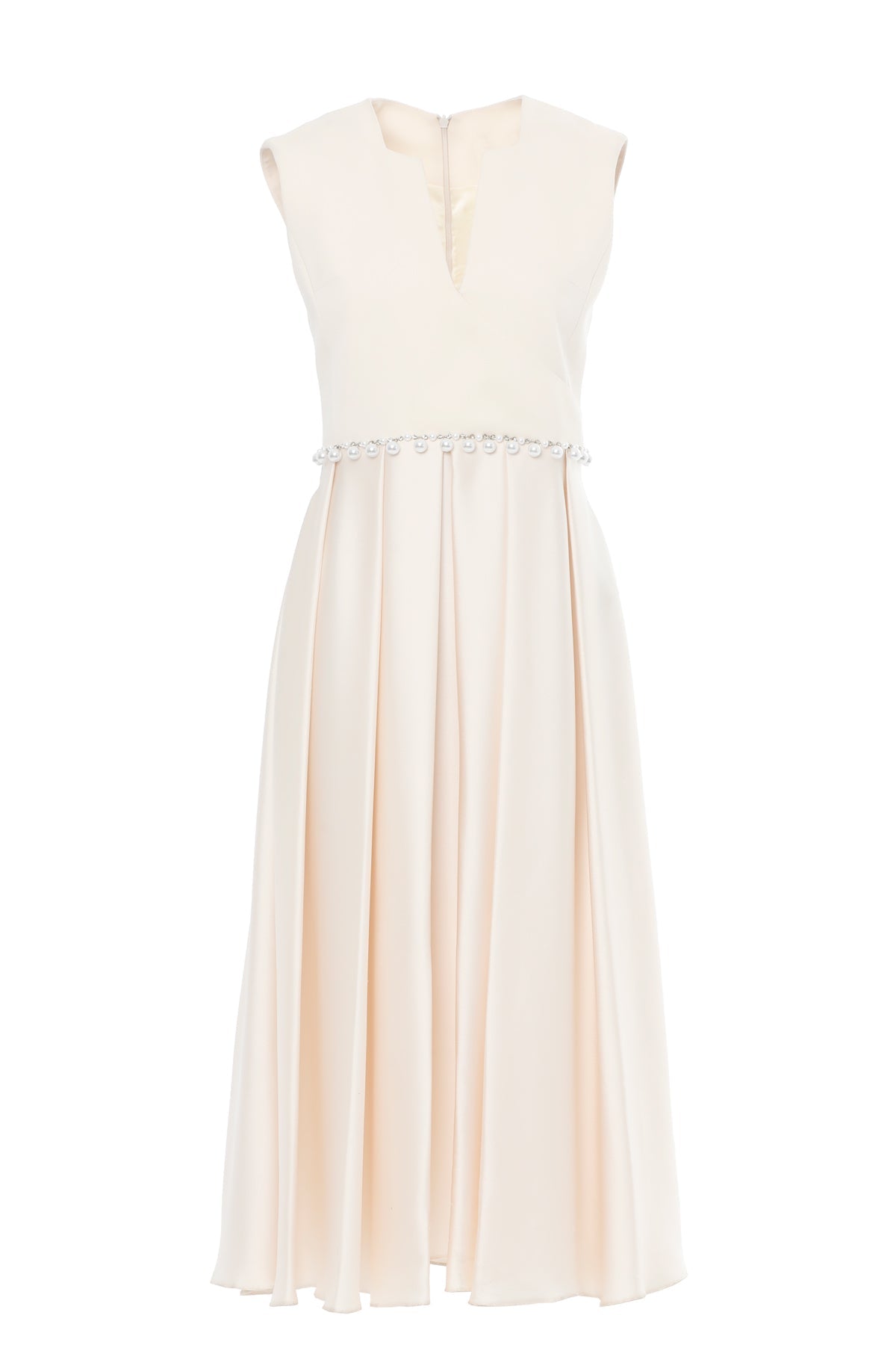 Beige Beaded-Pleat Midi Dress