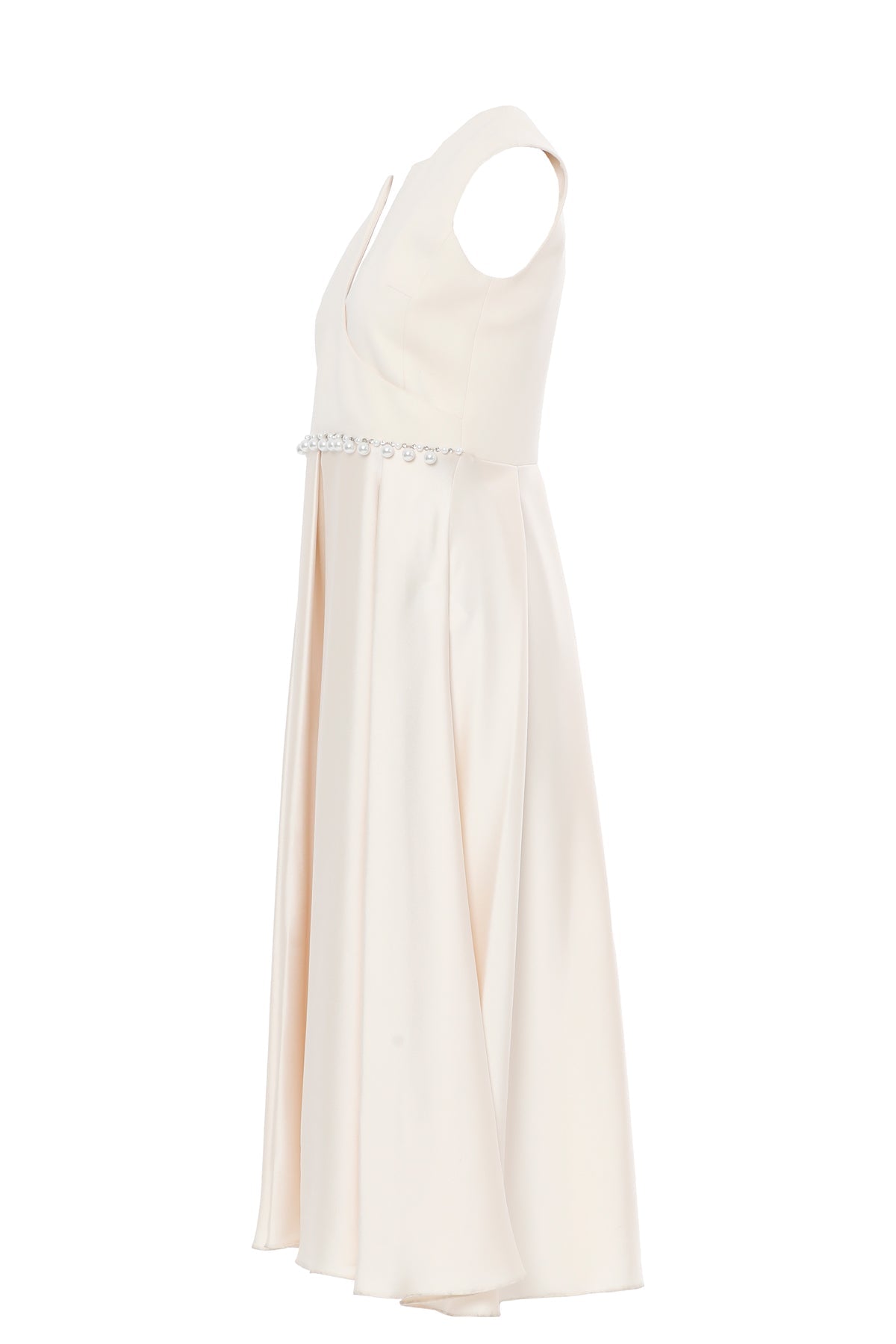 Beige Beaded-Pleat Midi Dress