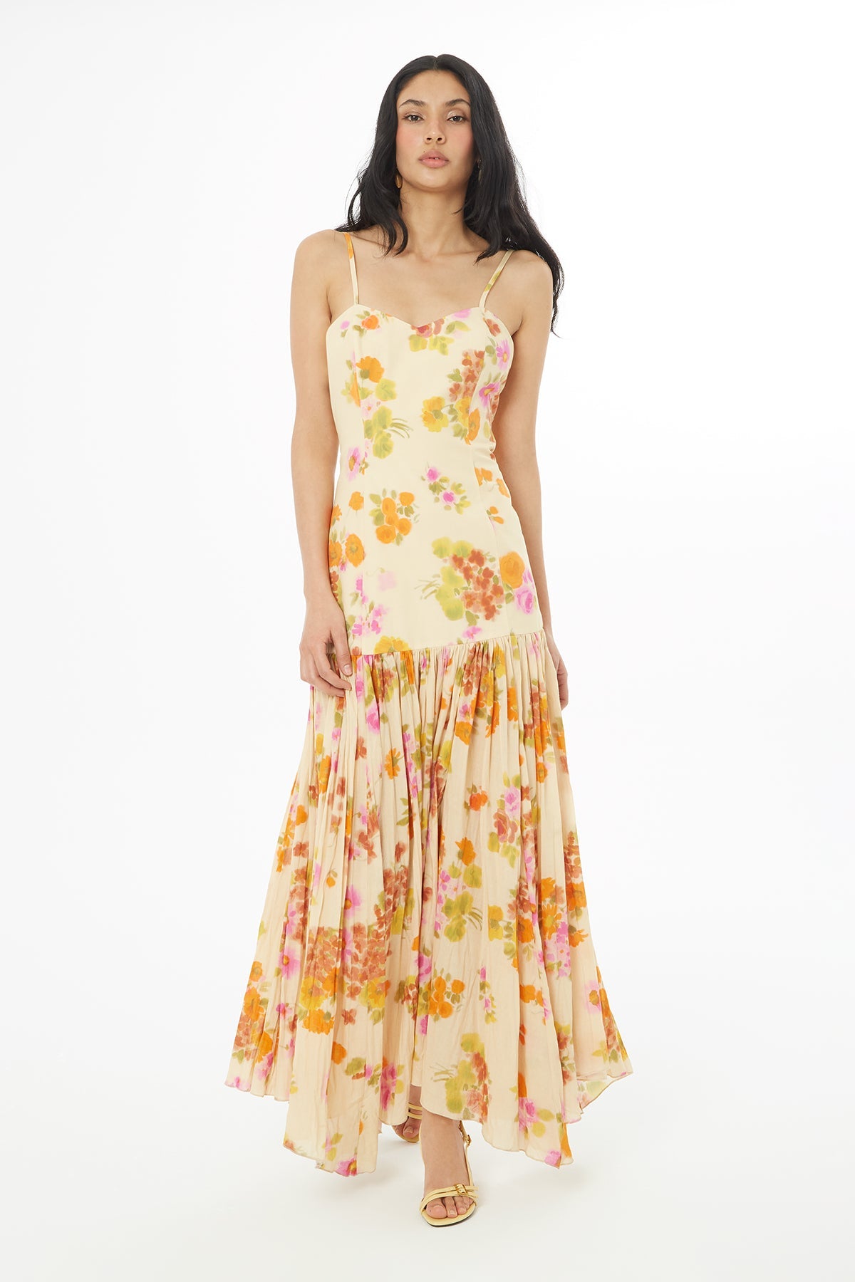 Printed Long Dress with Pleated Skirt