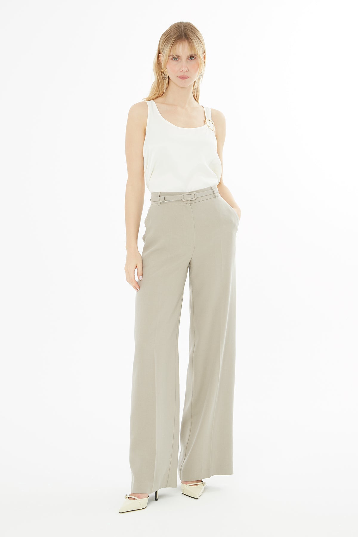 Beige Trousers with Hook Closure