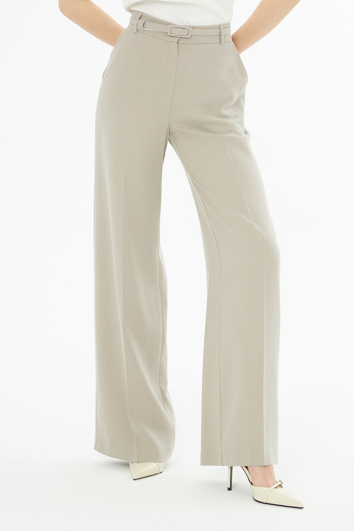 Beige Trousers with Hook Closure