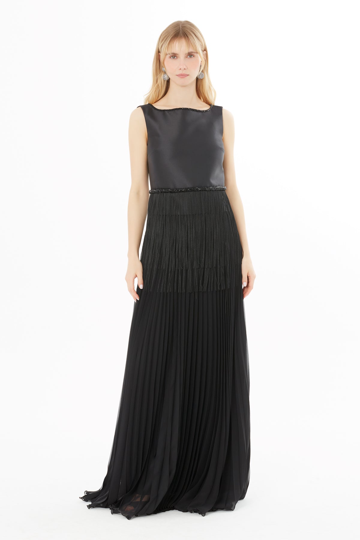 Black Embroidered-Waist Maxi Dress