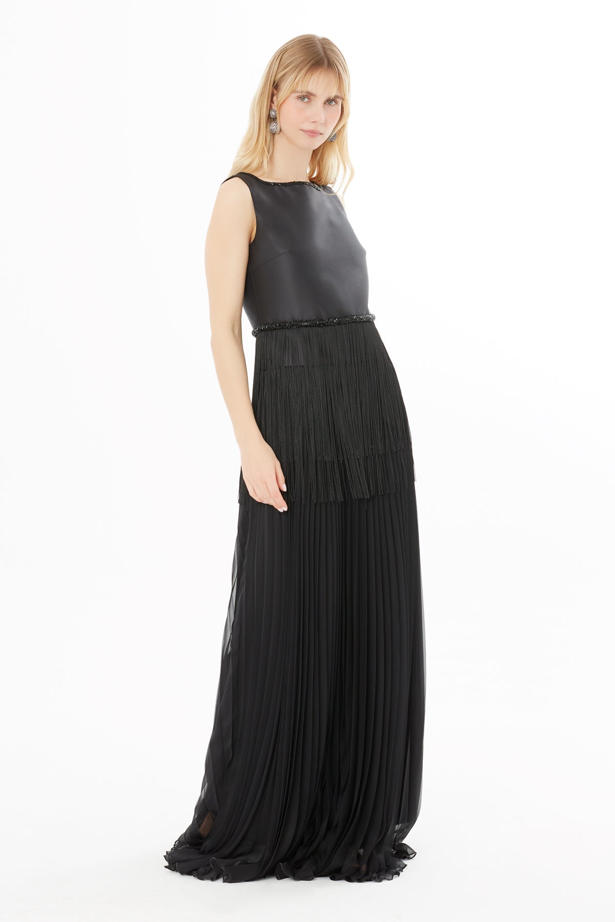 Black Embroidered-Waist Maxi Dress