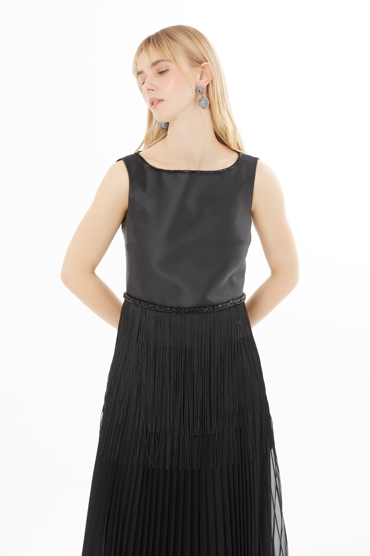 Black Embroidered-Waist Maxi Dress