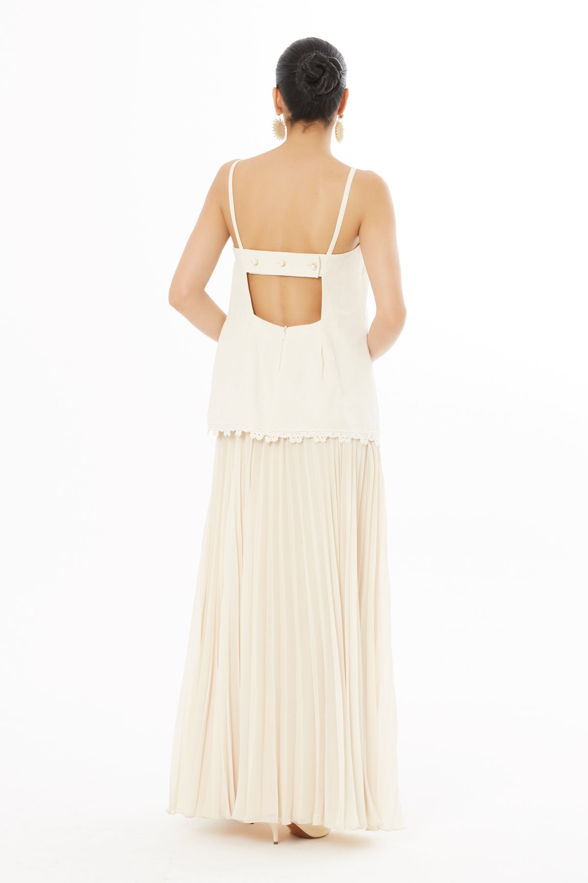Beige Long Dress with Pleated Detail