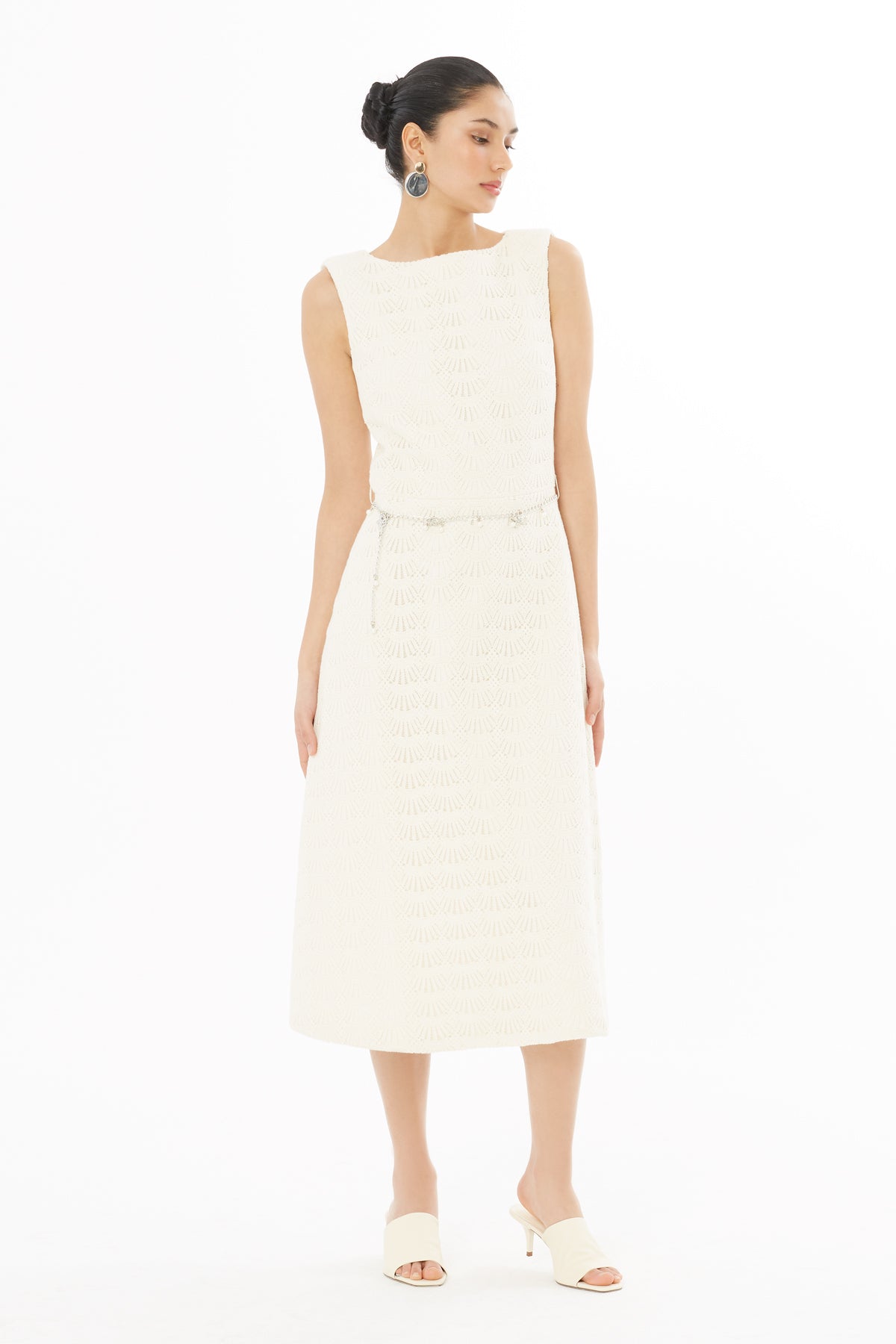 Ecru Midi Dress with Chain Belt