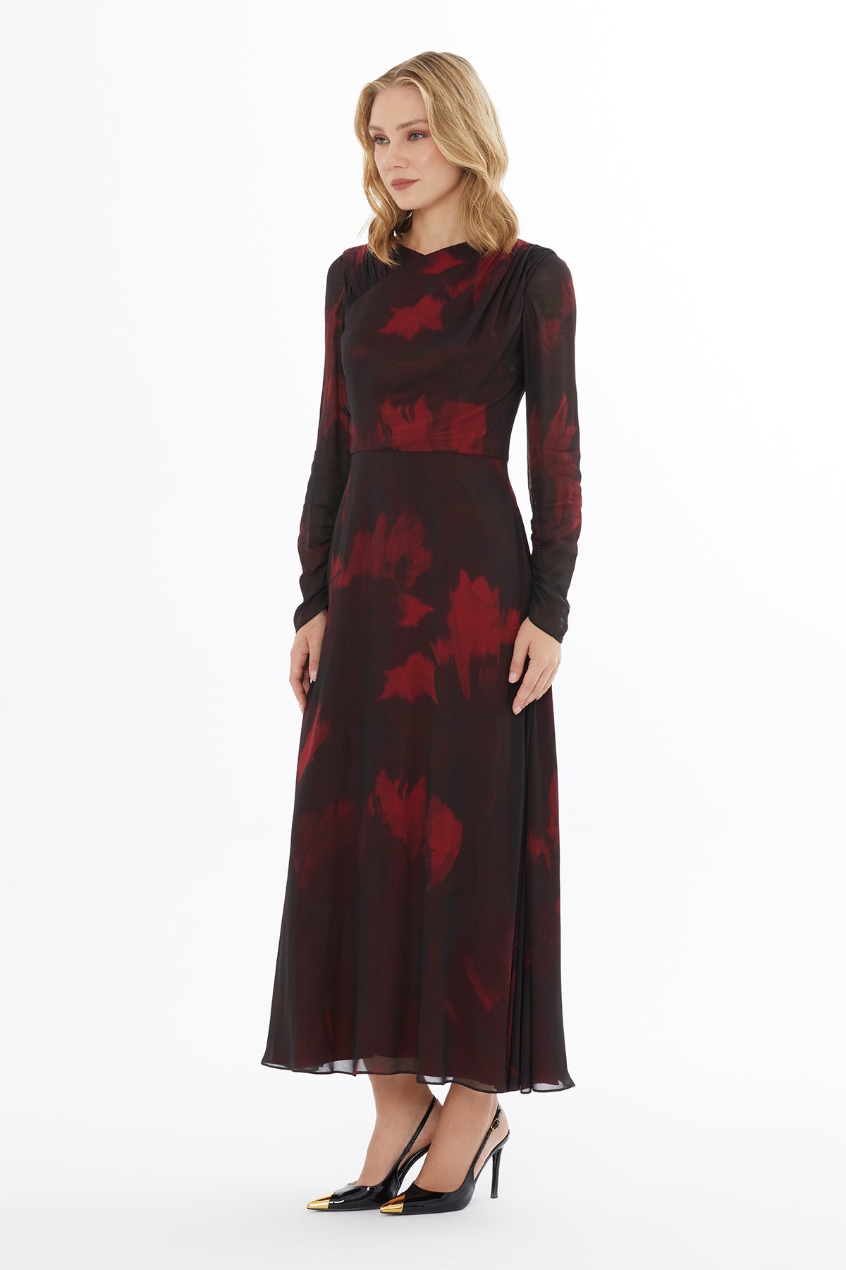 Ruffled Dress with Crew Neck and Shoulder Zipper Closure N