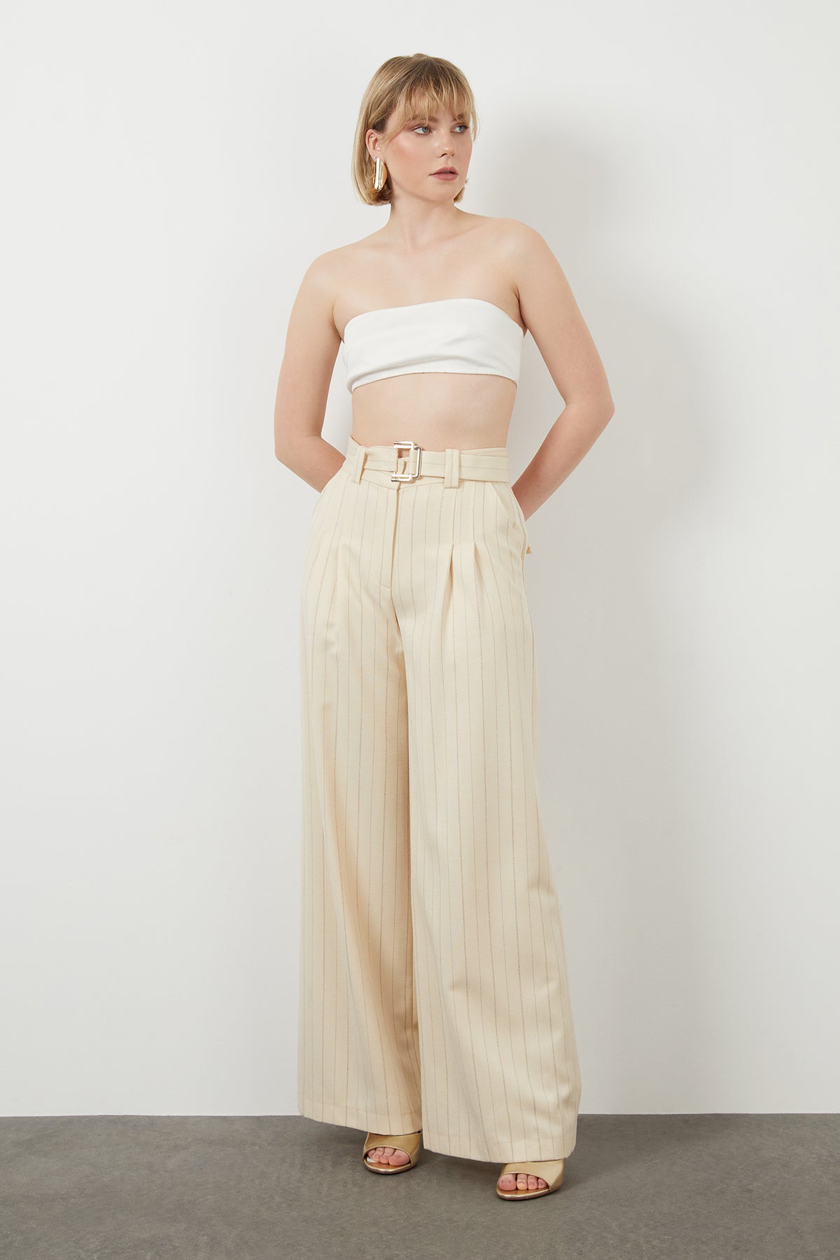 Belted Wide-Leg Striped Off-White Pants N