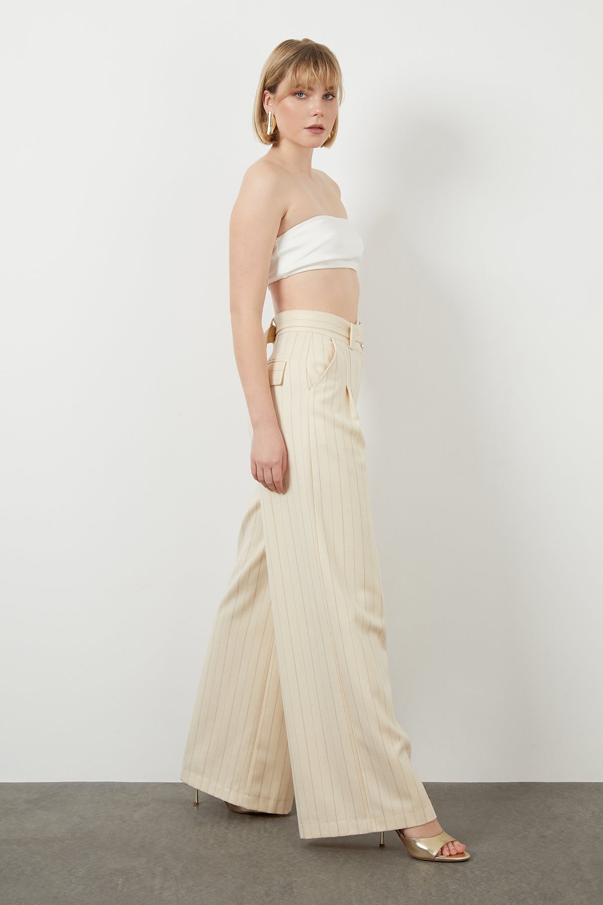 Belted Wide-Leg Striped Off-White Pants N
