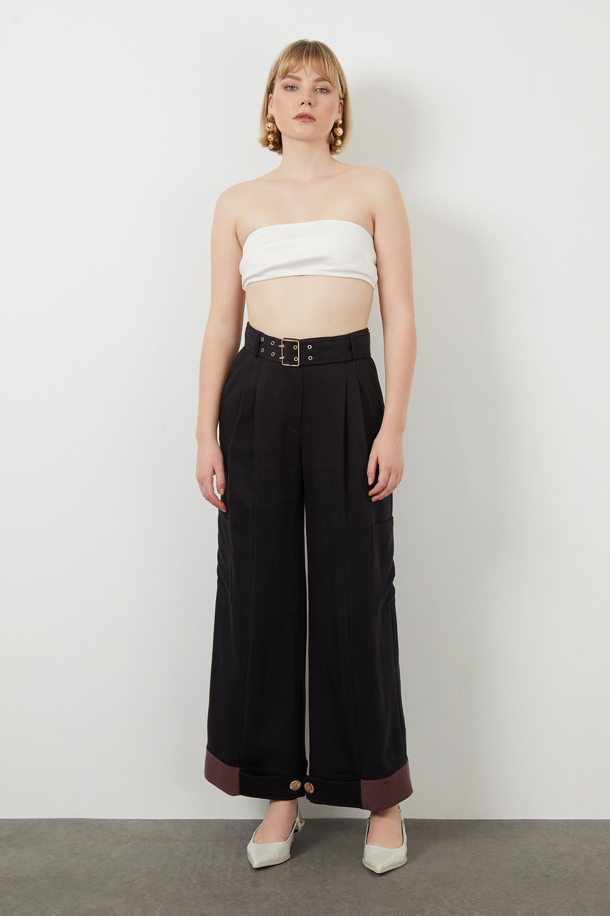 Classic Belted Side Pocket Wide-Leg Black Pants N