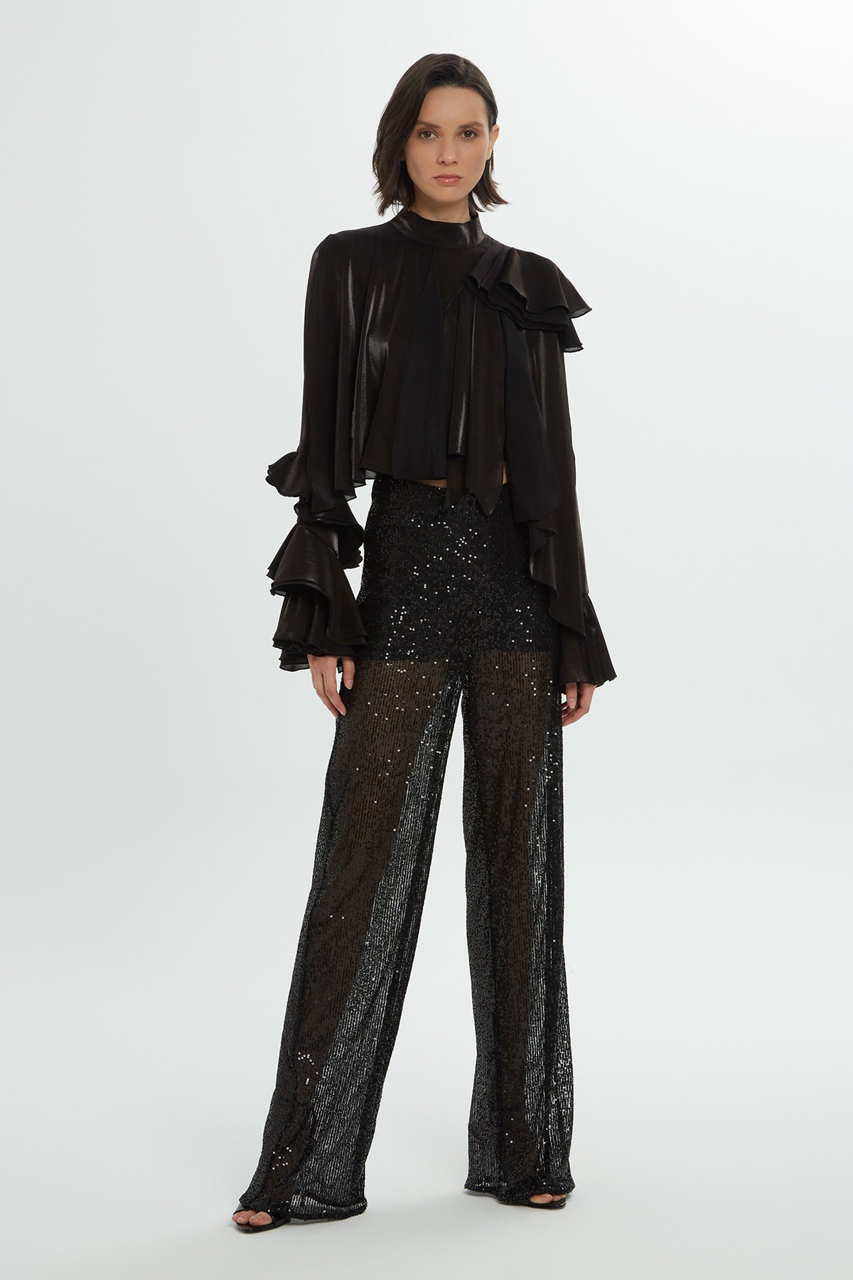 Side Zipper Sequin Wide Leg Black Trousers N