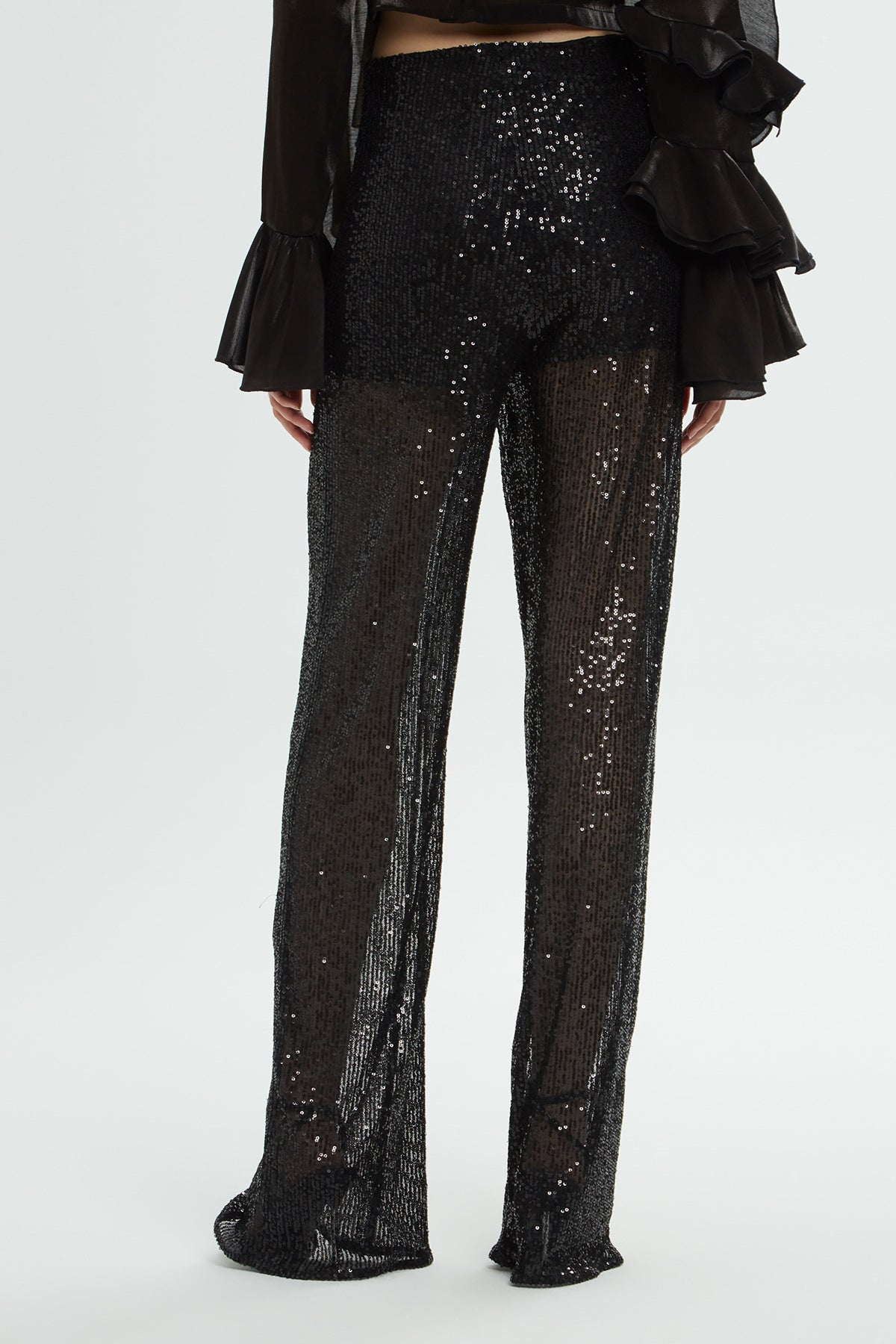 Side Zipper Sequin Wide Leg Black Trousers N
